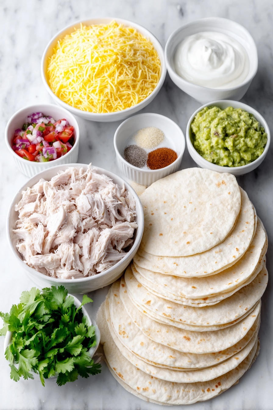 Flat lay of shredded cooked chicken breast in a simple white ceramic bowl, chunky red salsa in a small white bowl, plain creamy Greek yogurt in a small white bowl, a few whole uncracked brown eggs, a neat pile of shredded Monterey Jack and cheddar cheese blend, six soft 6-inch corn tortillas stacked neatly, small white bowls with ground chili powder, garlic powder, ground cumin, and kosher salt arranged symmetrically, a small bunch of fresh cilantro sprigs, a small white bowl of vibrant green guacamole, and a small white bowl of diced fresh red tomatoes, all placed on a clean white marble surface, soft natural light, photo taken with an iPhone, professional food photography style, fresh ingredients, white ceramic bowls, no bottles, no duplicates, no utensils, no packaging --ar 2:3 --v 7 --p m7354615311229779997