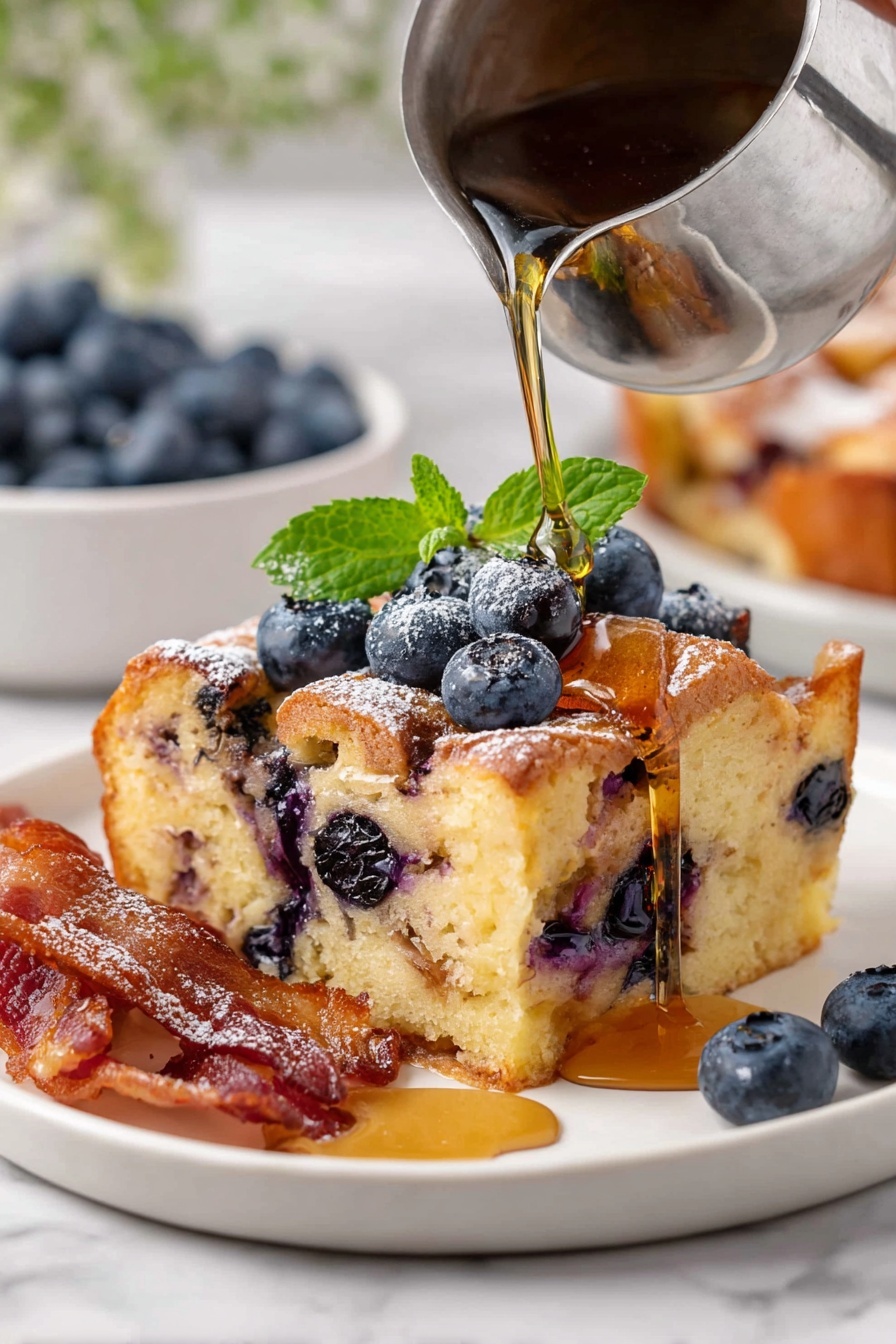 A thick square slice of golden baked bread pudding with visible dark purple blueberries mixed within and on top, dusted lightly with powdered sugar. On top of the pudding, there are fresh blueberries and a couple of small green mint leaves. A silver metal container is pouring amber maple syrup over the pudding, and the syrup is dripping down its side and pooling on a white plate below. Next to the pudding, there is a small pile of crispy reddish-brown bacon strips and a single loose blueberry on the white plate. The setting is on a white marbled surface with a blurred bowl of blueberries in the background, photo taken with an iphone --ar 2:3 --v 7