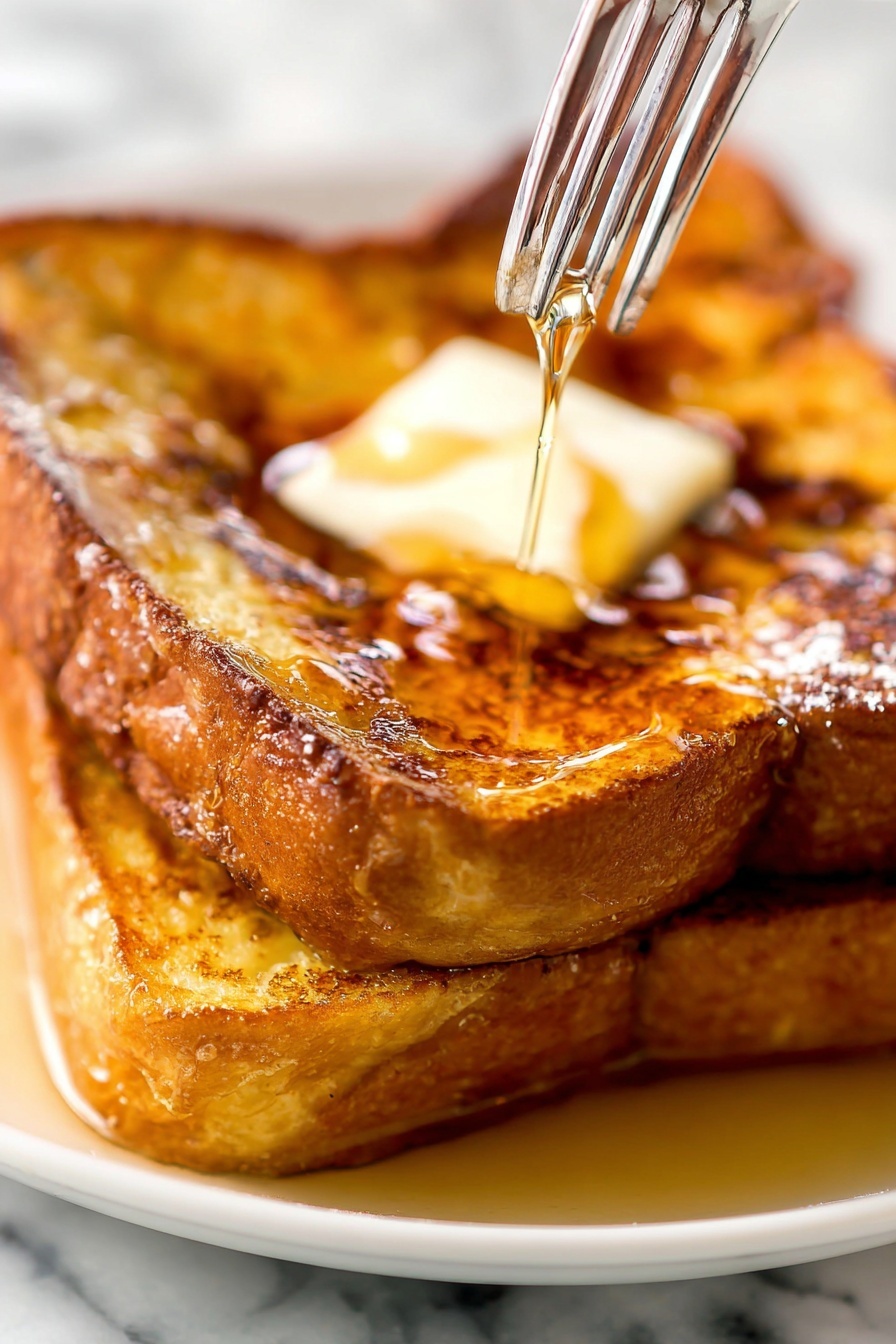 The image shows two thick slices of golden brown French toast stacked on a white plate. The top slice has a pat of melting butter in the center, which is light yellow and creamy. A silver fork is pressing gently into the top slice, causing syrup to glisten and drip down the sides of the toast. The syrup is amber colored and shiny, pooling slightly at the base of the stack. The background surface is a white marbled texture, adding a clean and bright feel to the scene. photo taken with an iphone --ar 2:3 --v 7