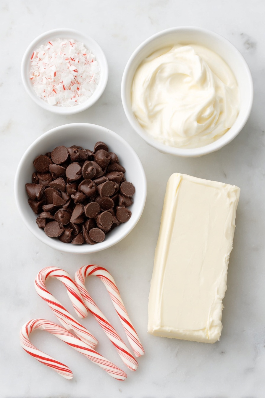 Flat lay of a small pile of glossy semi sweet chocolate chips, a small white bowl filled with thick sweetened condensed milk, a quarter of a smooth butter stick, a tiny white bowl holding clear peppermint extract, and a few crushed red-and-white mini candy cane pieces arranged neatly near whole mini candy canes, all arranged symmetrically with perfect proportions on a clean white marble surface, soft natural light, photo taken with an iPhone, professional food photography style, fresh ingredients, white ceramic bowls, no bottles, no duplicates, no utensils, no packaging --ar 2:3 --v 7 --p m7354615311229779997