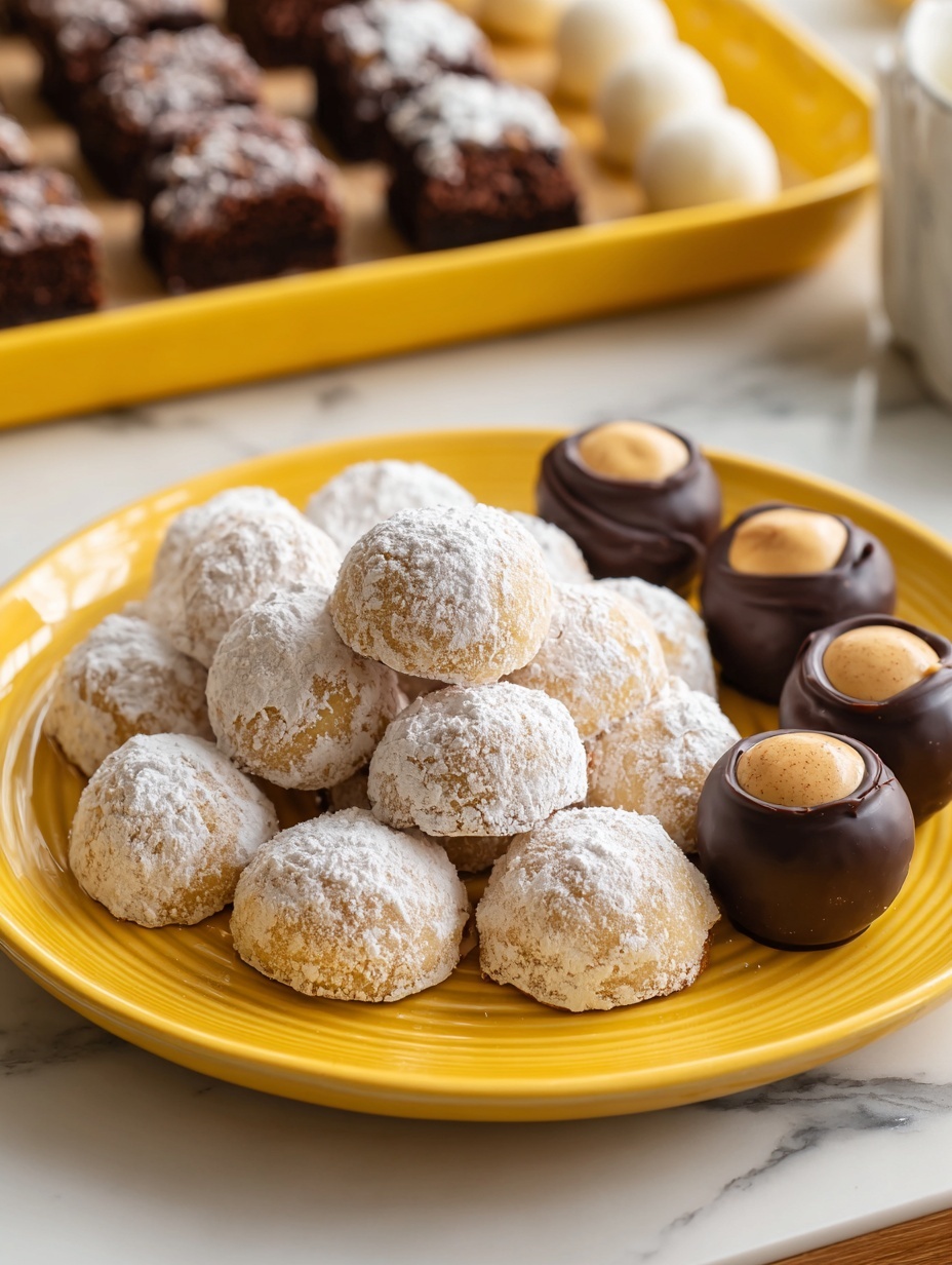 The image shows a white plate holding two types of round treats arranged next to each other. On the left side, there are about ten light-colored balls dusted with white powdered sugar, giving them a soft, powdery texture. On the right side, there are approximately fifteen bite-sized round pieces covered in a smooth dark chocolate shell with a tan center visible on top. The plate is placed on a white marbled surface. photo taken with an iphone --ar 2:3 --v 7