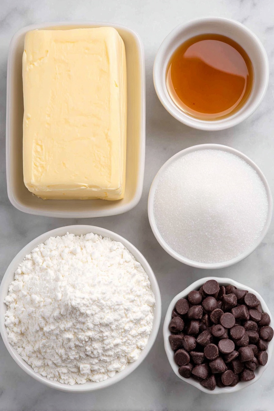 Flat lay of a square stick of unsalted butter, a small white ceramic bowl filled with fine white powdered sugar, a small white ceramic bowl with granulated white sugar, a small white ceramic bowl holding amber-colored vanilla extract, a mound of loose all-purpose flour, and a small pile of glossy semi-sweet mini chocolate morsels, all arranged with perfect symmetry on a clean white marble surface, soft natural light, photo taken with an iPhone, professional food photography style, fresh ingredients, white ceramic bowls, no bottles, no duplicates, no utensils, no packaging --ar 2:3 --v 7 --p m7354615311229779997