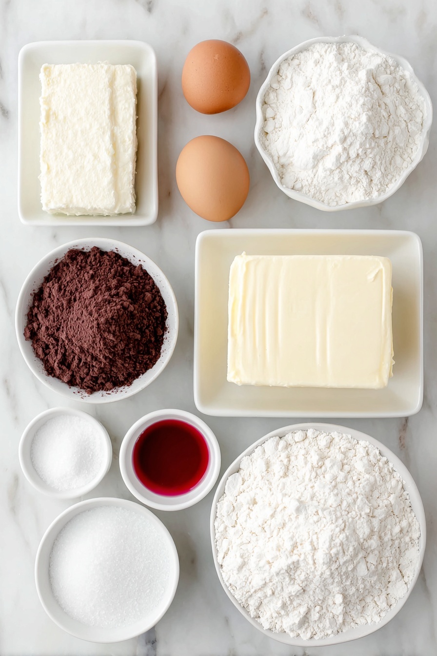Flat lay of a small heap of fine white cake flour, a small mound of rich dark cocoa powder, a few white baking soda crystals, a small pinch of coarse salt, a rectangular block of soft unsalted butter, a neat pile of granulated white sugar, one large whole brown egg with a clean shell, a small white ceramic bowl filled with golden vegetable oil, a small white ceramic bowl holding vibrant liquid red food coloring, a tiny white ceramic bowl with clear vanilla extract, a small white ceramic bowl containing translucent distilled white vinegar, a small white ceramic bowl of creamy buttermilk, a rectangular slab of pale cream cheese, a small white ceramic bowl with fluffy powdered sugar, another small white ceramic bowl with a splash of vanilla extract, all arranged with perfect symmetry and balanced proportions on a clean white marble surface, soft natural light, photo taken with an iPhone, professional food photography style, fresh ingredients, white ceramic bowls, no bottles, no duplicates, no utensils, no packaging --ar 2:3 --v 7 --p m7354615311229779997