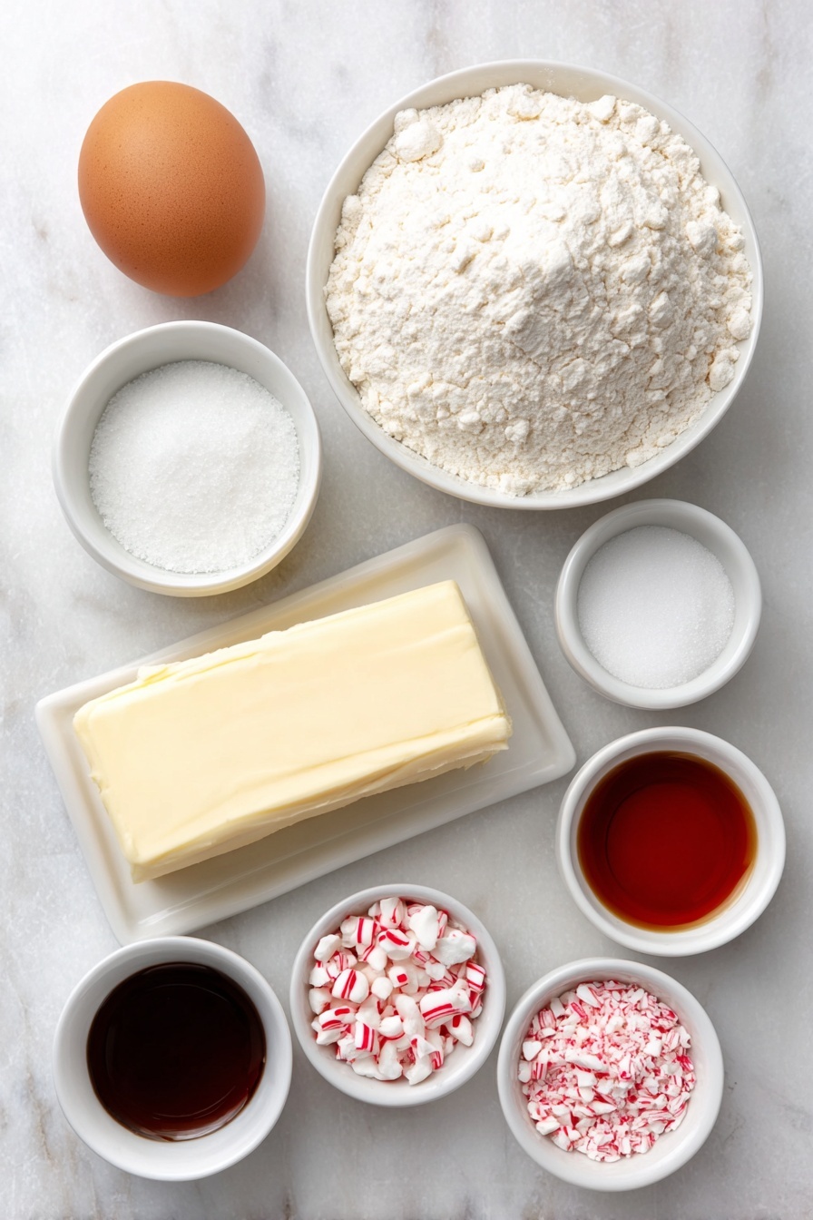 Flat lay of a mound of all-purpose flour, a small white ceramic bowl with baking powder, another with salt, a slab of unsalted butter with a slightly softened texture, a small white bowl filled with granulated sugar, one large whole brown egg with a clean shell, a small white bowl containing clear vanilla extract, a small white bowl with transparent peppermint extract, a small white bowl holding vibrant red food coloring, and a small white bowl with crushed peppermint candies, all arranged symmetrically and spaced evenly, placed on a clean white marble surface, soft natural light, photo taken with an iPhone, professional food photography style, fresh ingredients, white ceramic bowls, no bottles, no duplicates, no utensils, no packaging --ar 2:3 --v 7 --p m7354615311229779997