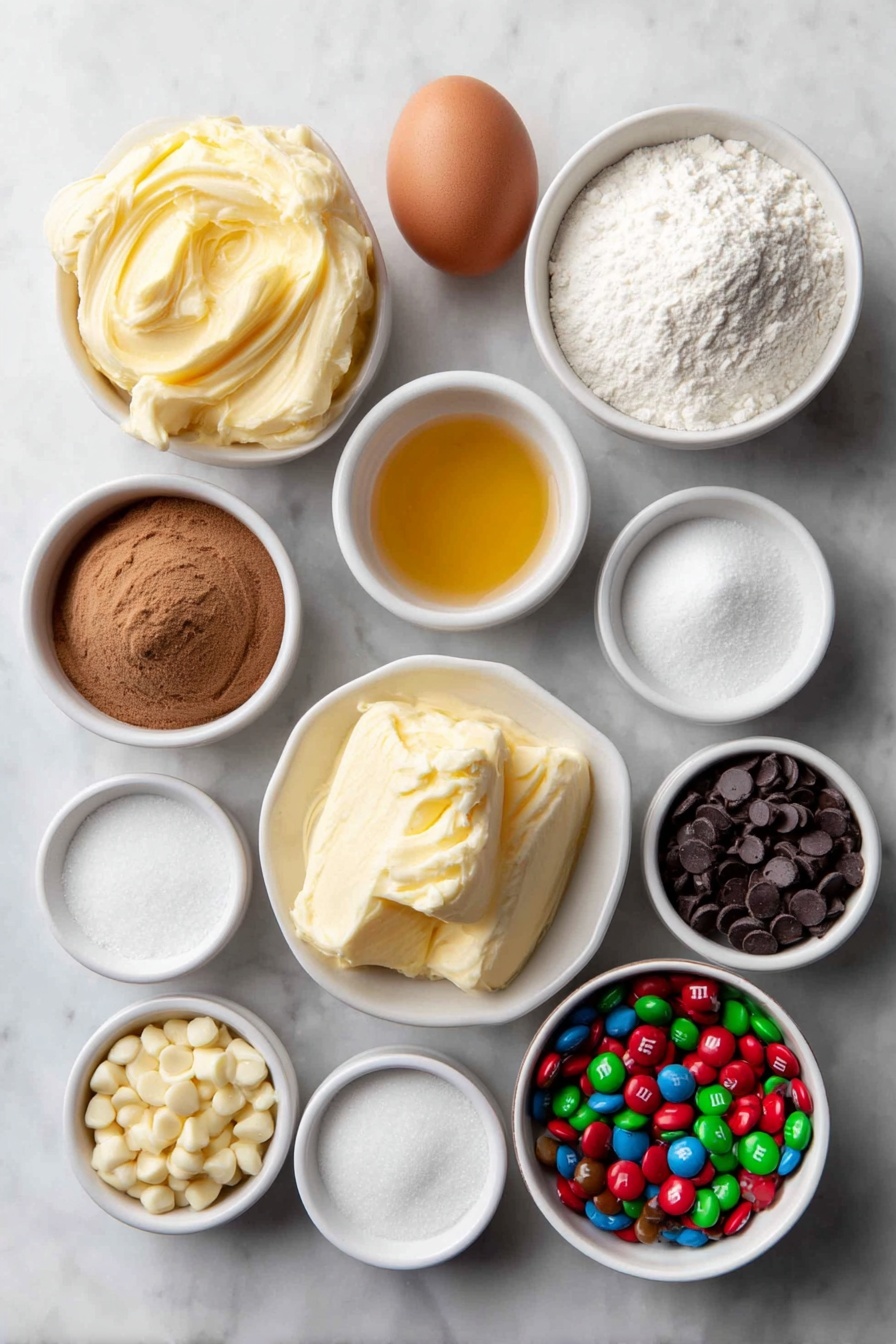 Flat lay of softened butter in a small white ceramic bowl, a small mound of light and dark brown sugar side by side in another white bowl, a small white bowl with granulated white sugar, a whole clean brown egg with uncracked shell, a small white bowl containing smooth vanilla extract liquid, two cups of white all-purpose flour in a white ceramic bowl, a small white bowl filled with fine dry instant vanilla pudding powder, a small white bowl with baking soda powder, a small white bowl with fine salt, a small white bowl of glossy semi-sweet chocolate chips, a small white bowl of creamy white chocolate chips, a small white bowl of shiny red and green M&M candies, all ingredients arranged with perfect symmetry and balanced proportions, placed on a clean white marble surface, soft natural light, photo taken with an iPhone, professional food photography style, fresh ingredients, white ceramic bowls, no bottles, no duplicates, no utensils, no packaging --ar 2:3 --v 7 --p m7354615311229779997