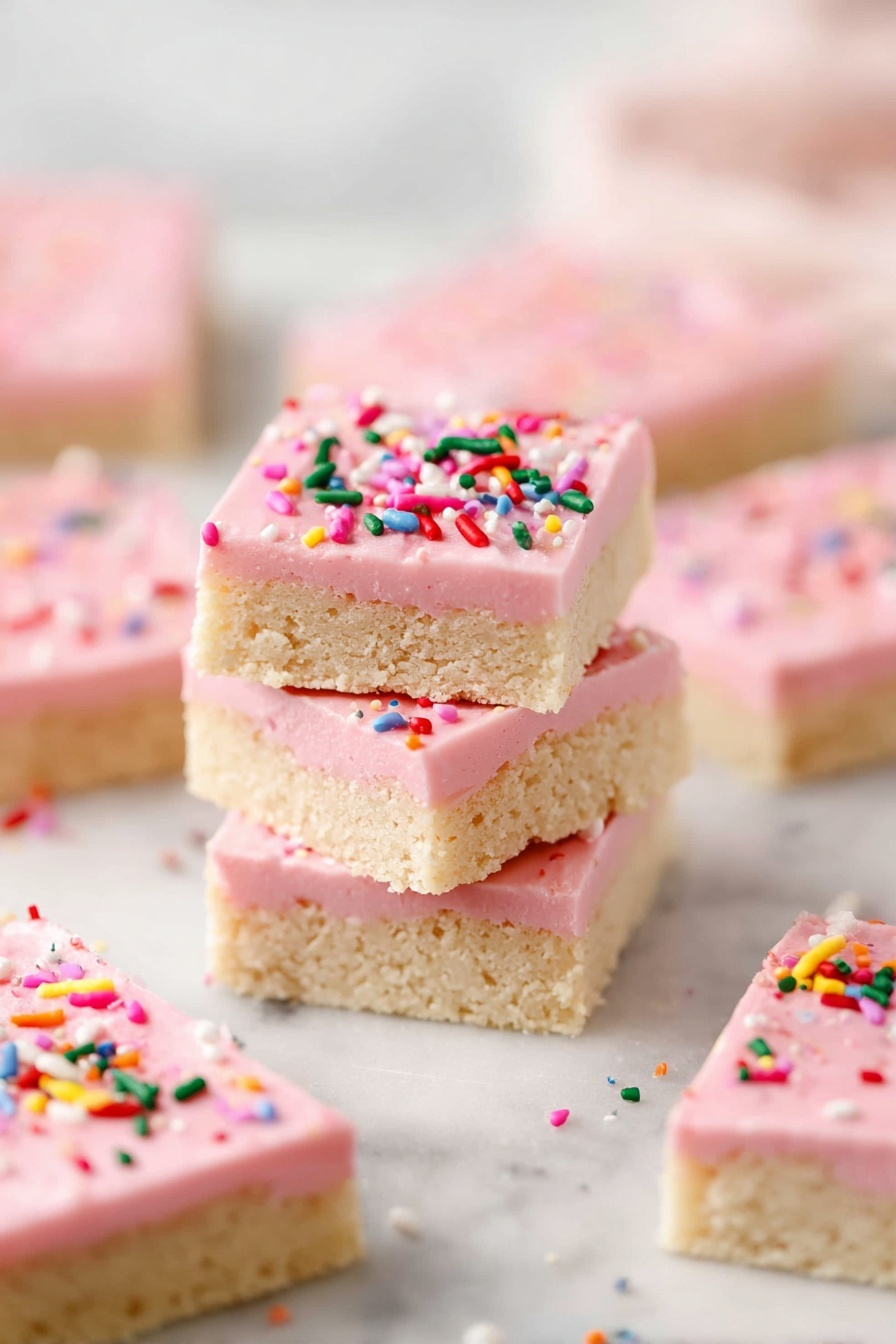 The image shows several square bars of a dessert with two layers stacked on a white marbled surface. Each bar has a thick bottom layer of a light beige color with a crumbly texture, topped with a thick layer of smooth pink frosting. The pink frosting is decorated with colorful round and rod-shaped sprinkles scattered evenly on top. The stack in the center has three pieces, and more pieces of the same kind are spread around it. The background is softly blurred with other pieces visible. Photo taken with an iphone --ar 2:3 --v 7