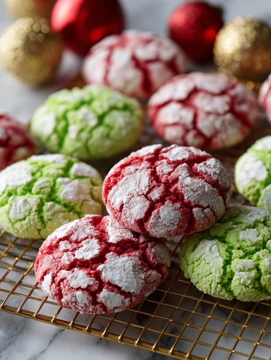 The image shows a close-up of colorful crinkle cookies on a gold wire cooling rack, placed on a white marbled surface. The cookies come in two colors, bright red and vibrant green, each covered with a layer of cracked white powdered sugar forming a textured crust. The red cookies have deep red dough peeking through the cracks in the powdered sugar, while the green cookies show a bright green dough under the white sugar. The cookies form a loose, uneven grid on the cooling rack, and the background has blurred Christmas ornaments in red and gold, adding a festive feel. Photo taken with an iphone --ar 2:3 --v 7