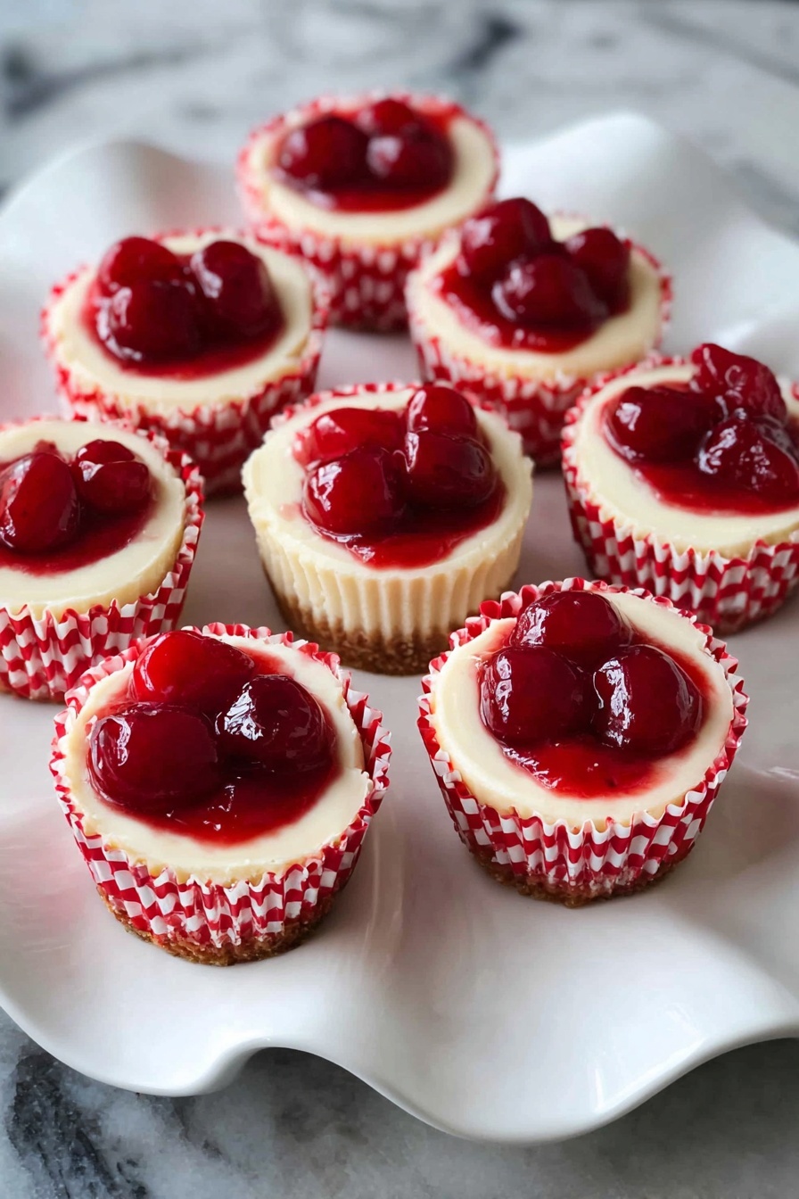 Seven mini cheesecakes sit arranged on a white wavy plate on a white marbled surface. Each cheesecake has a red and white checkered paper liner holding a smooth, pale cream layer topped with a glossy, thick cherry red topping with visible whole cherries. The red cherry topping contrasts with the light cheesecake layer beneath. The photo taken with an iphone --ar 2:3 --v 7