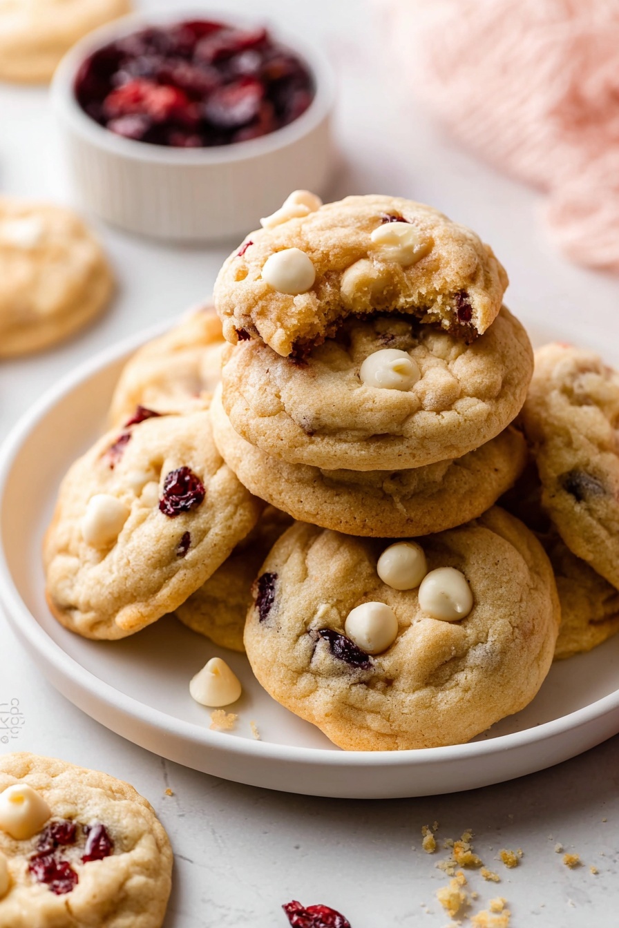 A white plate filled with a stack of light golden brown cookies showing a soft and slightly puffy texture. The cookies have visible small white chips and dark red dried fruit pieces scattered throughout, creating a contrast against the light dough. One cookie at the top has a small bite taken from it, revealing a moist and tender inside matching the outside colors. The plate sits on a white marbled surface with some cookie crumbs nearby, and a small white bowl with more dark red dried fruit is visible in the background. Photo taken with an iphone --ar 2:3 --v 7
