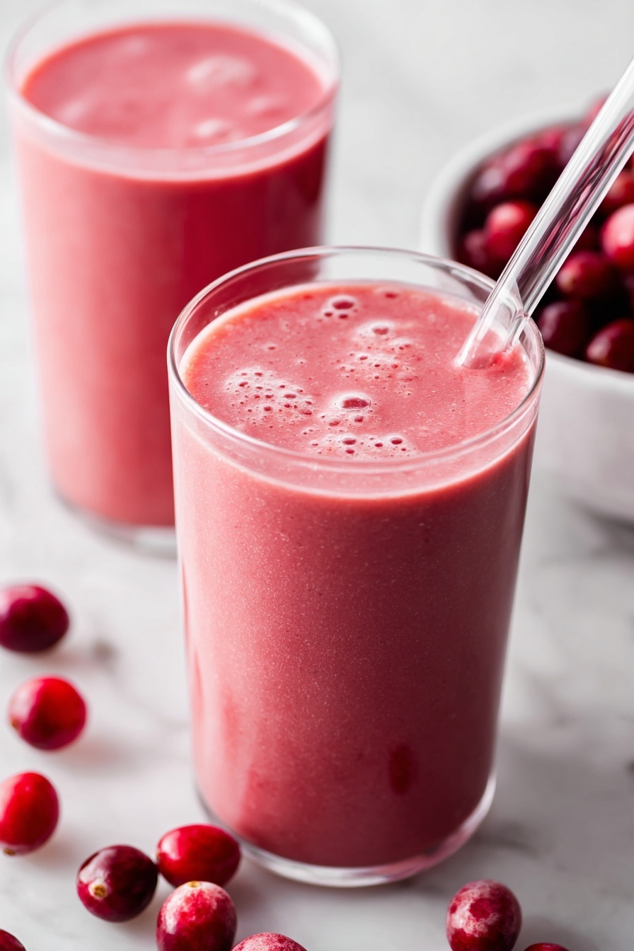 A close-up of two clear glasses filled with a thick, light red smoothie. The glass in front has a clear glass straw inside, positioned diagonally, with small bubbles visible on the smooth top layer. Around the glasses are whole and half-cut bright red cranberries placed on a white marbled surface. In the background, there is a white bowl filled with more red cranberries. The overall look is fresh with a smooth texture in the drink, bright red colors from the smoothie and cranberries, and a clean white marbled background. photo taken with an iphone --ar 2:3 --v 7