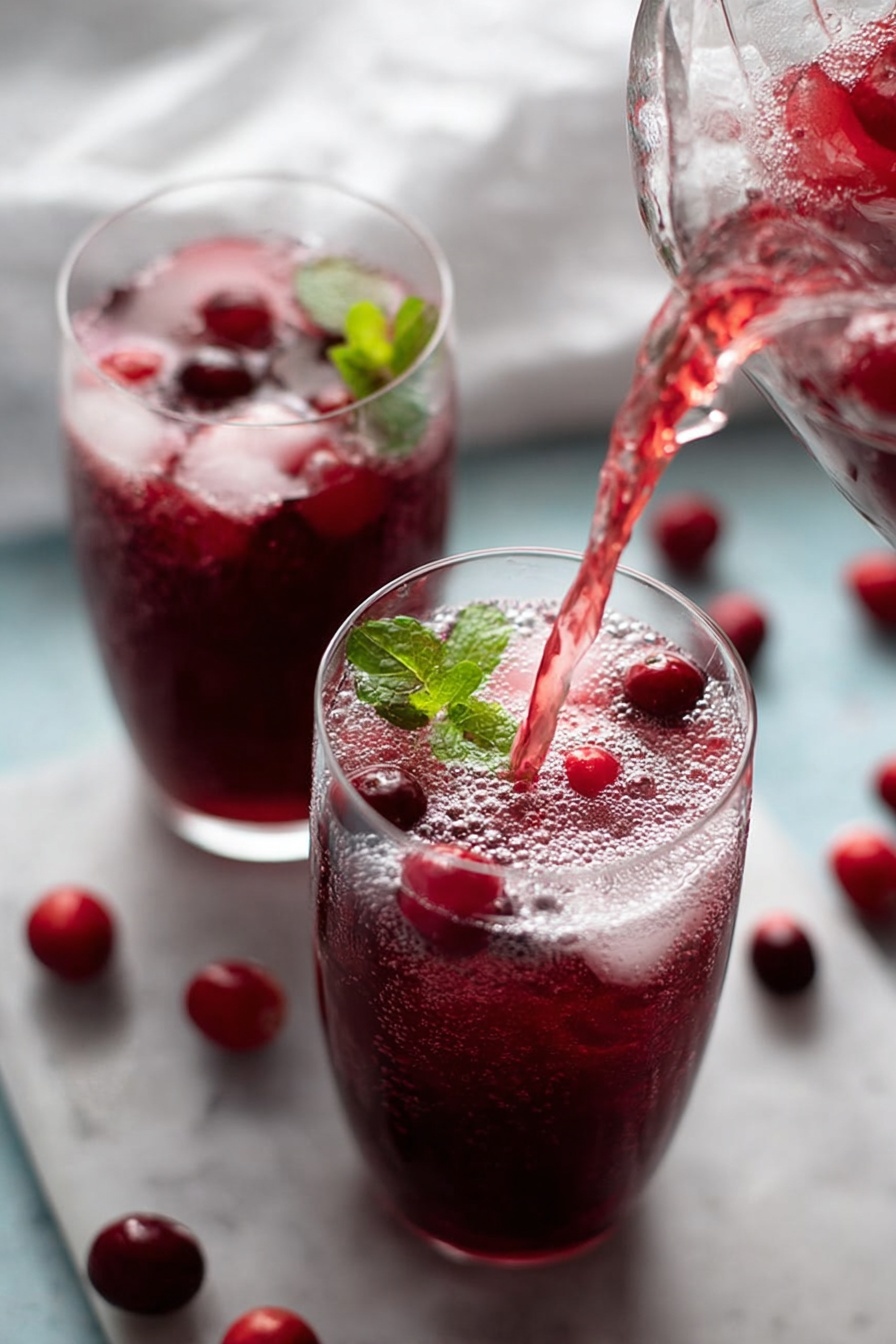 Two clear glasses are filled to the top with a deep red, bubbly drink that has many whole red berries floating in the liquid. Each glass is decorated with a bright green lime wedge placed on the rim. A large pitcher containing the same red drink is visible in the top right corner. The glasses and pitcher sit on a white marbled surface with a few scattered red berries nearby, and a white cloth is folded on the left side. Photo taken with an iphone --ar 2:3 --v 7
