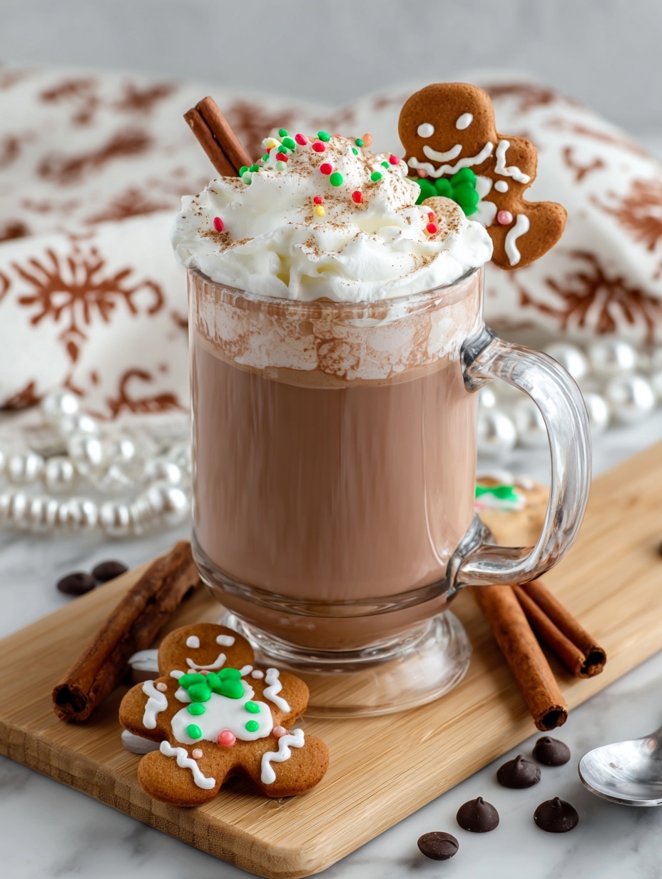 A clear glass mug with three visible layers: a light brown milk layer at the bottom, a darker brown cocoa layer in the middle, and a thin layer of frothy cream on top. Whipped cream forms a thick white swirl on top of the drink, with a cinnamon stick resting on the cream. A gingerbread cookie decorated with white icing and red and green sprinkles is placed on the rim of the mug. Around the mug, on a light wooden board, there are more gingerbread cookies and several chocolate chips scattered. The background features a white marbled surface and a white cloth with brown gingerbread patterns. photo taken with an iphone --ar 2:3 --v 7