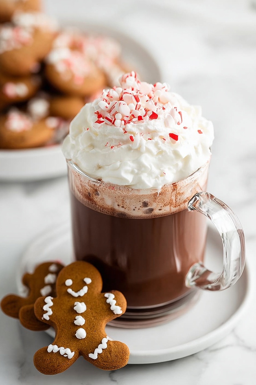 A clear glass mug filled with a dark brown hot chocolate drink topped with a thick layer of white whipped cream that has small red peppermint sprinkles scattered on top; the mug sits on a white plate where there are two gingerbread cookies decorated with white icing in the shape of a smiling person, all placed on a white marbled surface with a blurred background of more gingerbread cookies on a white plate photo taken with an iphone --ar 2:3 --v 7