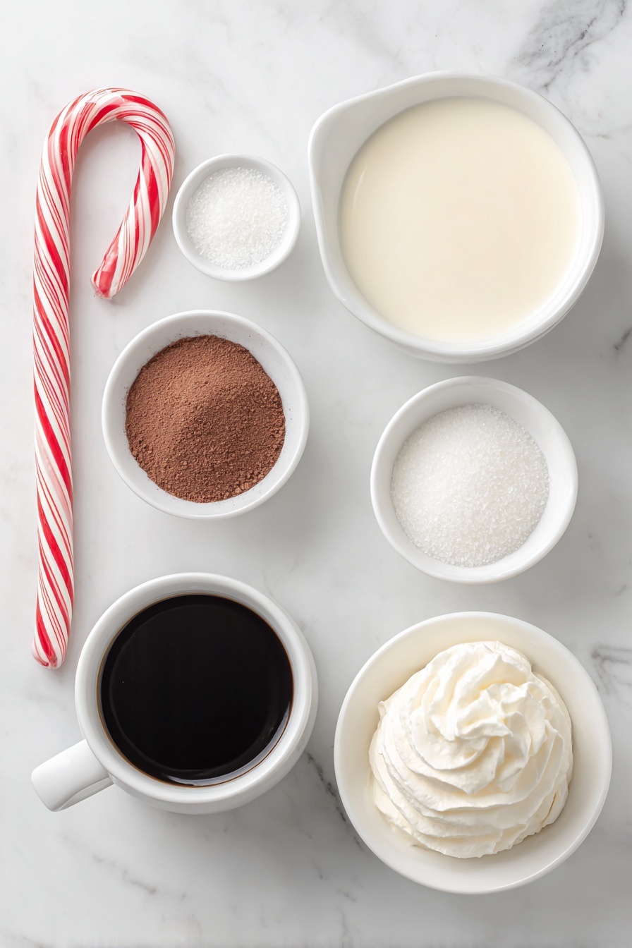 Flat lay of a full-size striped red and white candy cane, a small white ceramic bowl of fine unsweetened cocoa powder, a small white ceramic bowl of granulated white sugar, a small white ceramic bowl of clear water, a small white ceramic bowl of fresh whole milk, a white ceramic cup filled with dark hot brewed coffee, a small white ceramic bowl of smooth heavy cream, a dollop of fresh whipped cream on a simple white ceramic dish, all perfectly arranged with balanced spacing and symmetry, placed on a clean white marble surface, soft natural light, photo taken with an iPhone, professional food photography style, fresh ingredients, white ceramic bowls, no bottles, no duplicates, no utensils, no packaging --ar 2:3 --v 7 --p m7354615311229779997