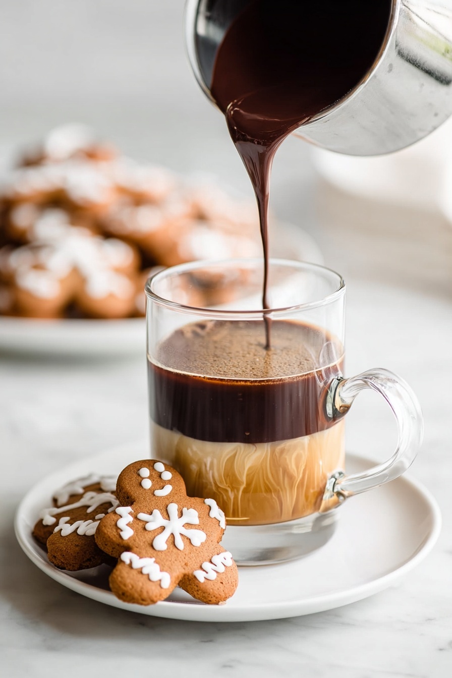 A clear glass mug filled with three layers: a bottom layer of smooth, rich brown hot chocolate, a middle light frothy layer mixing with the chocolate, and a thick, fluffy white whipped cream layer on top sprinkled with small red candy bits. The mug sits on a simple white plate, which also holds two brown gingerbread cookies decorated with white icing in simple patterns. Everything is placed on a white marbled surface with a soft, out-of-focus background featuring a plate and a red and white striped candy cane. Photo taken with an iphone --ar 2:3 --v 7