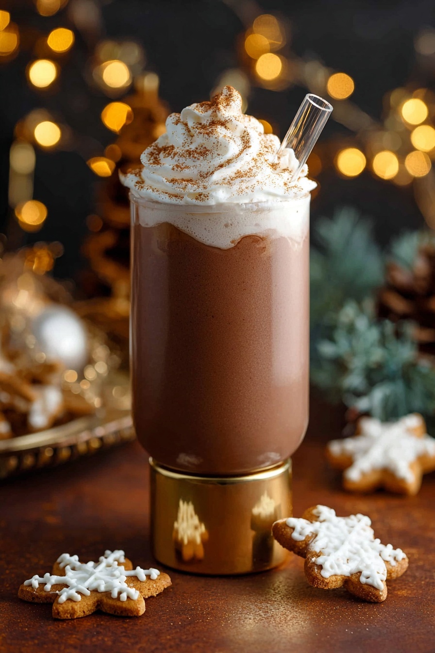 A tall clear glass with a shiny gold base is filled with a thick, smooth chocolate brown drink. On top, there is a layer of fluffy white whipped cream with soft peaks, lightly sprinkled with fine cinnamon powder. A clear glass straw leans inside the drink on the right side. Around the glass, there are snowflake and star-shaped cookies with white icing, placed on a brown wooden surface. The background is dark with soft, round golden lights and blurred holiday decorations. photo taken with an iphone --ar 2:3 --v 7