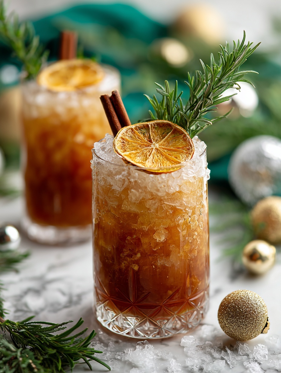 The image shows a clear glass filled with a brownish drink, layered with crushed ice that looks textured at the bottom, topped with a slice of dried orange and a cinnamon stick standing upright inside the glass. A sprig of fresh green rosemary leans against the cinnamon stick on one side, adding a fresh touch. The drink has a slightly foggy look with ice cubes visible near the top. In the background, there is another similar glass blurred out, both placed on a white marbled surface decorated with white artificial snow, green cloth, and small gold and silver Christmas ornaments, creating a festive feel. Photo taken with an iphone --ar 2:3 --v 7