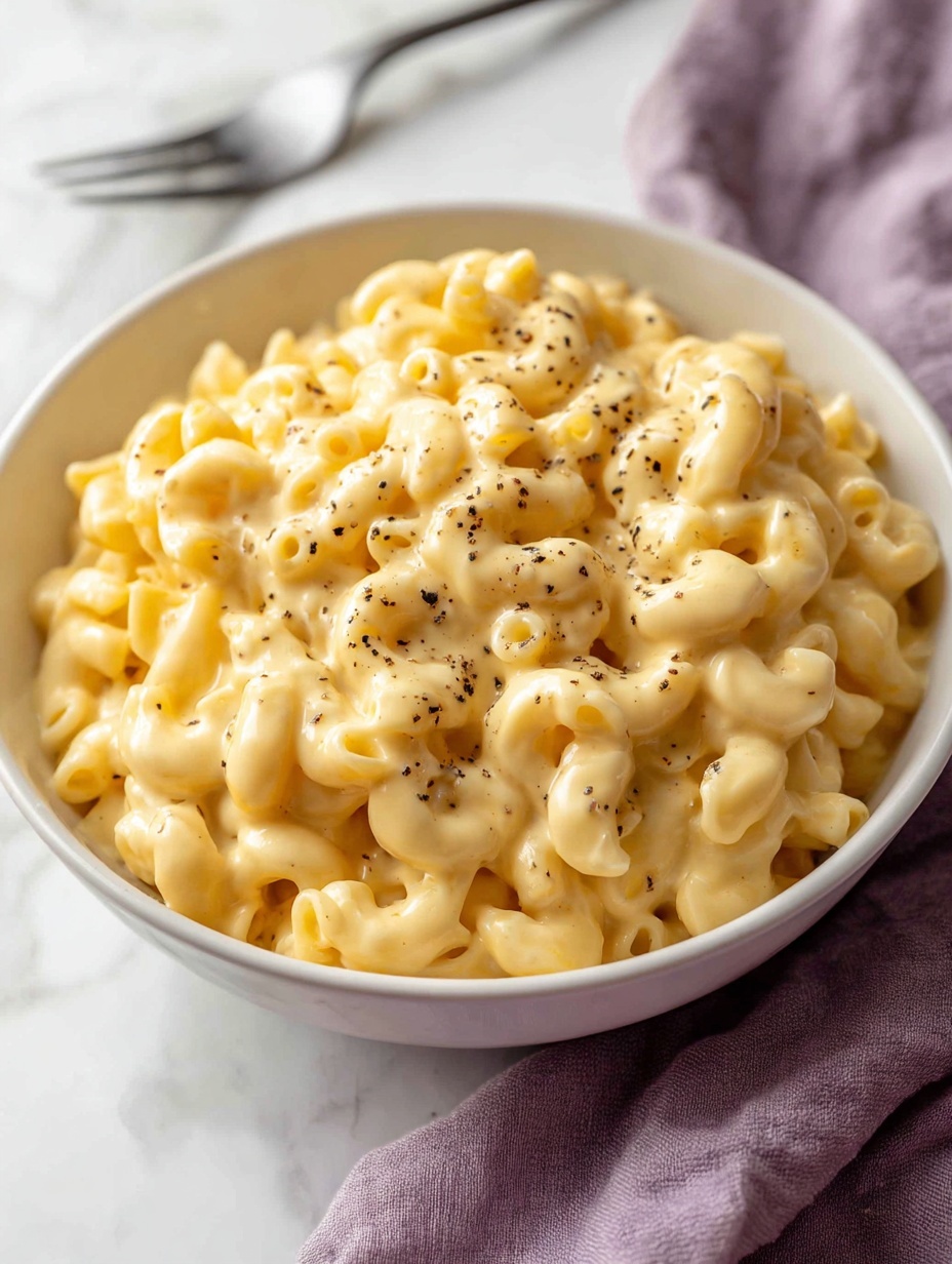 A close-up image of creamy macaroni and cheese served in a white bowl, filled with soft, short, curly macaroni pasta fully coated in a thick, pale yellow cheese sauce with a few specks of black pepper visible. A woman’s hand holds a fork lifting a portion of the cheesy pasta, with melted cheese stretching from the bowl to the fork. The bowl sits on a white marbled surface with a blurred soft purple and light grey background. Photo taken with an iphone --ar 2:3 --v 7