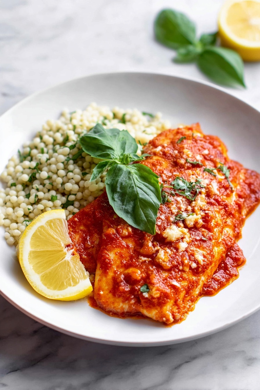 A white plate holds a cooked piece of fish covered in a thick, textured red sauce sprinkled with small bits of herbs and cheese, placed slightly to the right. To the left side of the fish, there is a portion of small round white grains mixed with some green herbs. A bright yellow lemon wedge rests on the grains near the front edge of the plate. A fresh green basil leaf sits on top of the fish near the center. In the background on a white marbled surface, there is another lemon wedge with two green basil leaves nearby. photo taken with an iphone --ar 2:3 --v 7