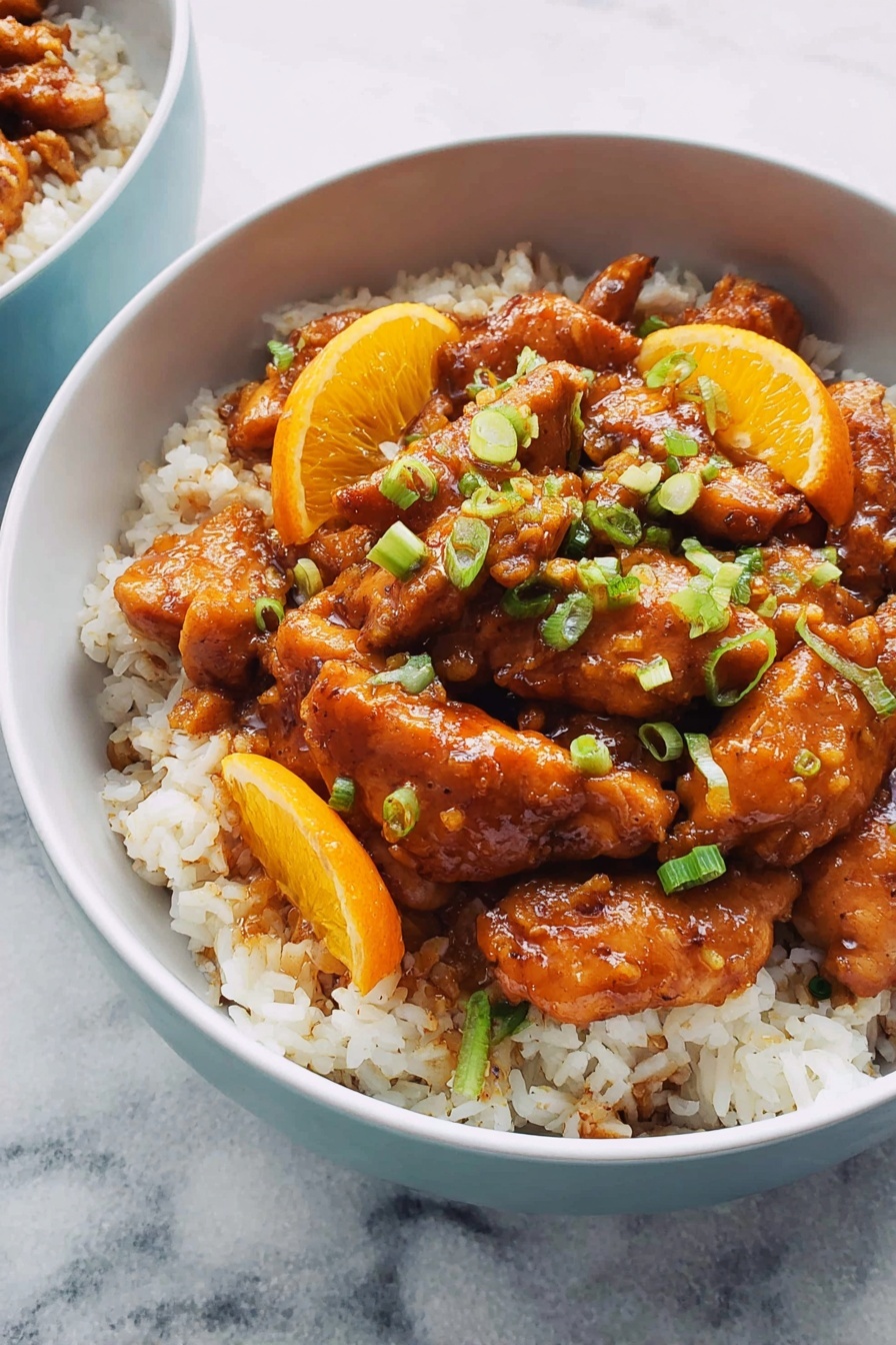 A white bowl filled with a base layer of cooked white rice, topped with several pieces of brown glazed chicken pieces covered in a shiny sauce. Orange slices are placed among the chicken pieces, adding bright orange color. The dish is garnished with small green onion pieces scattered on top. The bowl sits on a surface with a white marbled texture. photo taken with an iphone --ar 2:3 --v 7