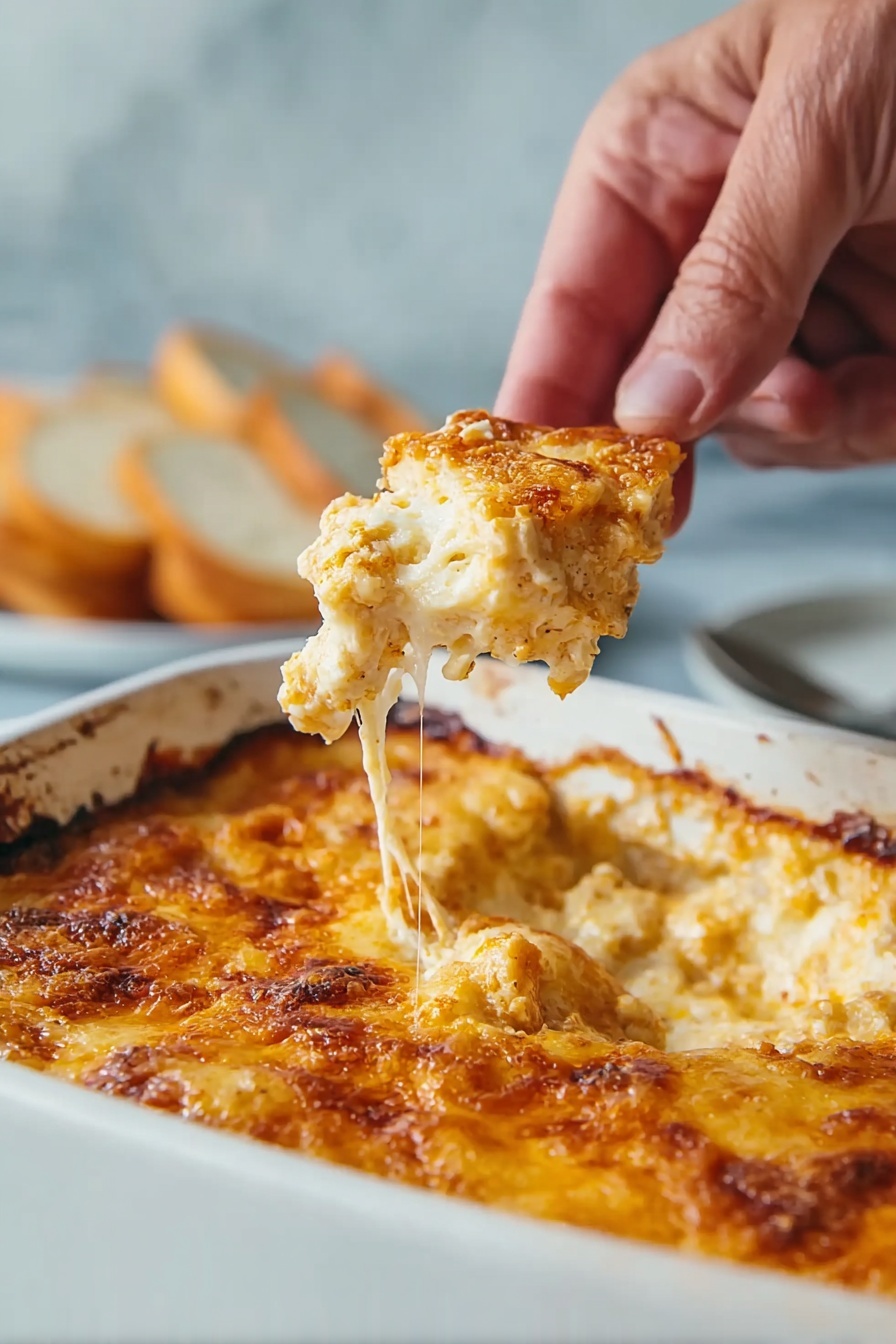A close-up view of a woman's hand holding a piece of cheesy baked casserole with a golden-brown crust on top. The casserole inside the white baking dish shows creamy, melted cheese with a slightly browned surface and gooey texture. The background features a white marbled surface with a blurred plate of light-colored bread slices in the distance. The lighting captures the crisp edges and melted cheese stretching from the dish. Photo taken with an iphone --ar 2:3 --v 7