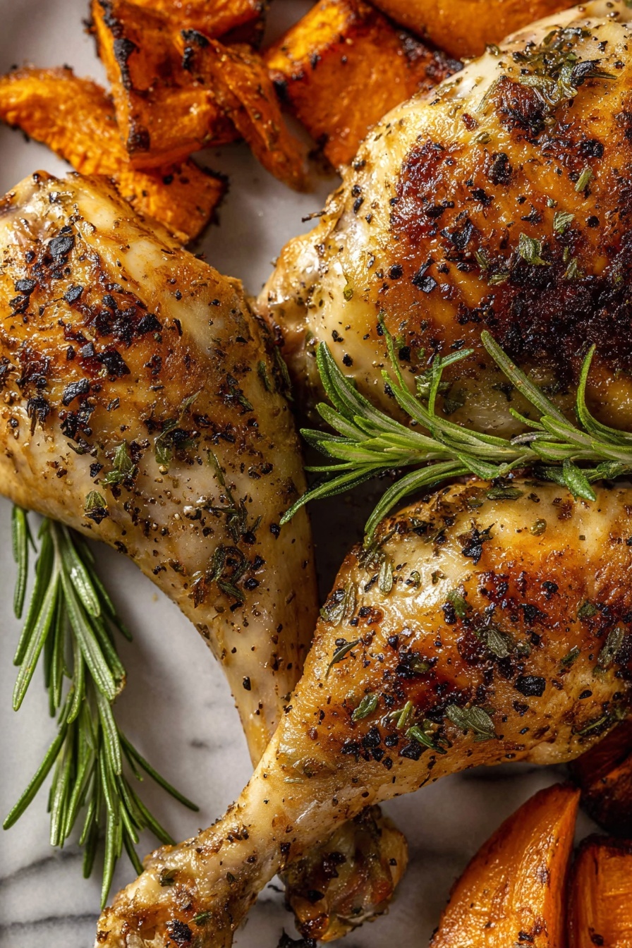 A white plate holds a serving of golden brown roasted chicken leg, placed on a smooth, creamy layer of mashed potatoes with visible herb specks, spreading across the center. Surrounding the chicken are several long roasted carrots in shades of orange and pale yellow, with clear seasoning and a slight char. A sprig of fresh green rosemary rests beside the chicken, adding a touch of color contrast. On the side, a woman's hand holds a knife and fork with wooden handles, positioned above the mashed potatoes. The whole scene is set on a white marbled surface with a glass of water and a cork nearby, softly lit to highlight the textures and colors of the food. Photo taken with an iphone --ar 2:3 --v 7