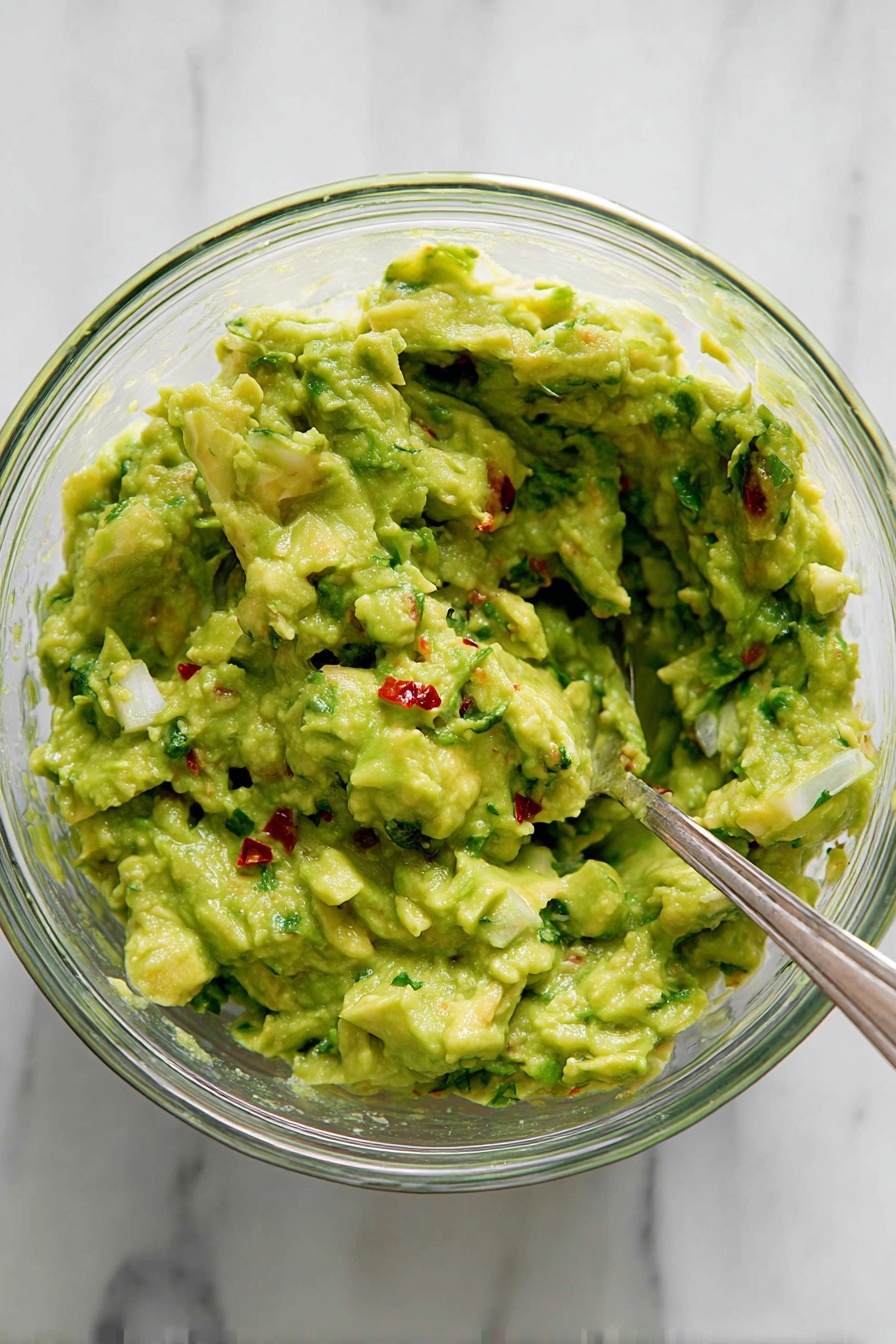 A clear glass bowl filled with a mashed green avocado mixture that has a chunky texture, dotted with small pieces of white onion, dark green herbs, and a few bright red bits that look like pepper, with a silver spoon partially submerged on the right side. The bowl sits on a white marbled surface. photo taken with an iphone --ar 2:3 --v 7