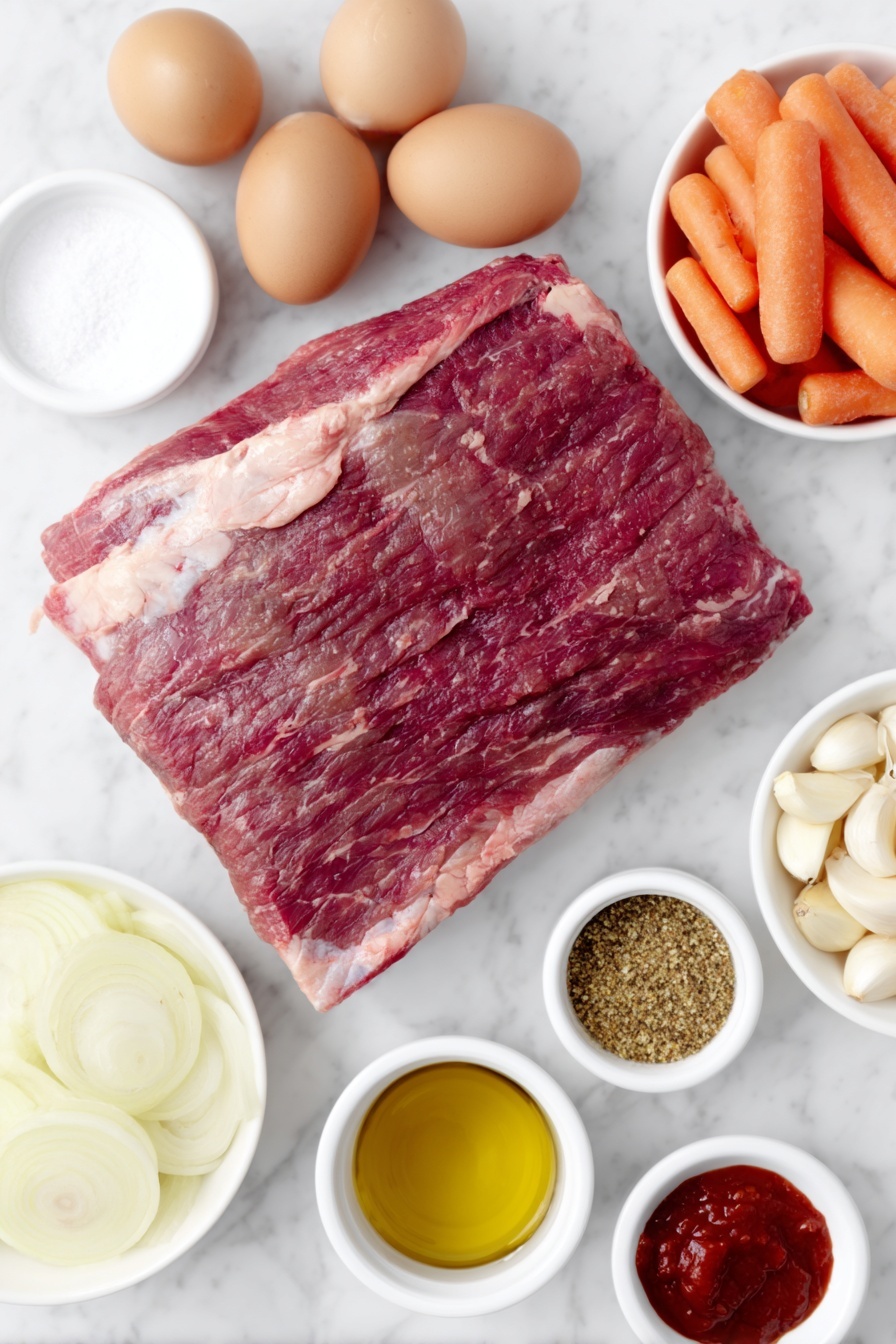 Flat lay of a large raw first-cut beef brisket with a thin layer of fat on top, a cluster of whole uncracked brown eggs, a pile of peeled thick orange carrot chunks, a heap of sliced yellow onions, six peeled whole garlic cloves, a small white bowl filled with coarse kosher salt, a small white bowl containing freshly ground black pepper, a small white bowl with bright red tomato paste, and a small white bowl holding golden vegetable oil, all arranged with perfect symmetry and balanced proportions on a clean white marble surface, soft natural light, photo taken with an iPhone, professional food photography style, fresh ingredients, white ceramic bowls, no bottles, no duplicates, no utensils, no packaging --ar 2:3 --v 7 --p m7354615311229779997