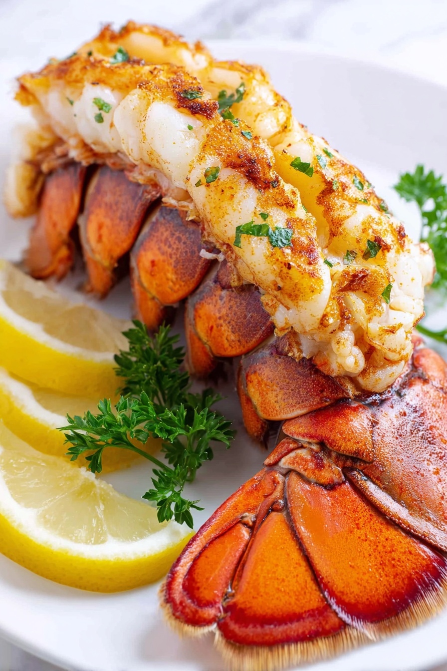 A cooked lobster tail is placed on a white plate over a white marbled surface, showing two main layers: the bright orange grilled lobster shell with a rough texture at the bottom, and the thick white lobster meat on top with golden-brown grill marks and small green parsley pieces sprinkled on it. To the left of the lobster tail, there are three lemon wedges with a pale yellow color and juicy texture. At the bottom of the plate, a small bunch of fresh green parsley adds color contrast. The photo taken with an iphone --ar 2:3 --v 7