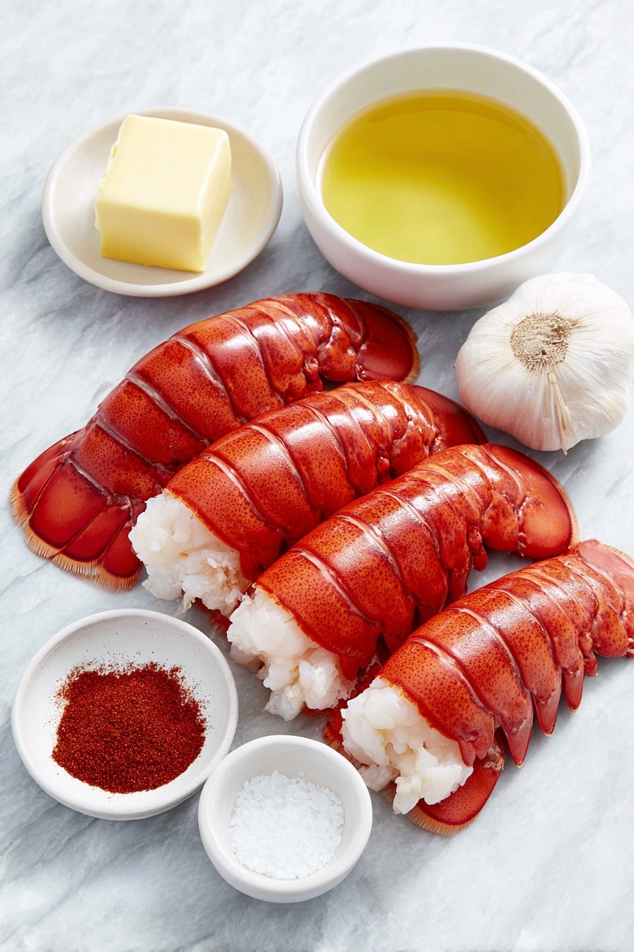 Flat lay of four fresh lobster tails with bright red shells, a small white bowl of melted golden salted butter, two whole uncracked garlic bulbs with papery white skin, a small white bowl containing fresh pale yellow lemon juice, a small white bowl with vibrant red smoked paprika powder, and a pinch of fine red cayenne pepper arranged symmetrically around the lobster tails, all placed on a clean white marble surface, soft natural light, photo taken with an iPhone, professional food photography style, fresh ingredients, white ceramic bowls, no bottles, no duplicates, no utensils, no packaging --ar 2:3 --v 7 --p m7354615311229779997