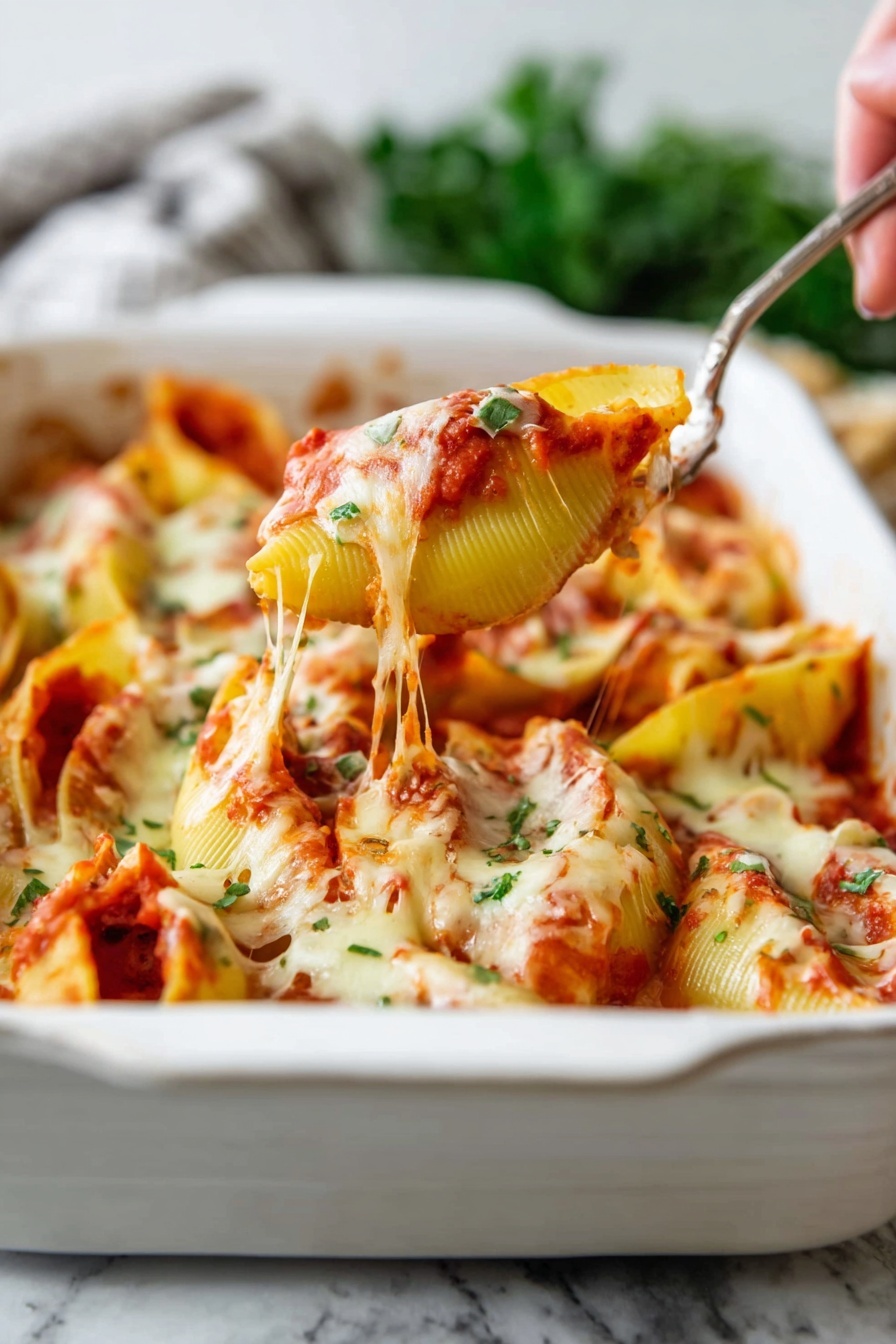 The image shows a white baking dish filled with baked pasta shells layered with a red tomato sauce, melted cheese that is creamy and slightly browned on top, and small green herb pieces scattered across. One large pasta shell is being lifted by a silver fork held by a woman's hand, with cheese stretching between the shell and the dish. The pasta shells are yellow with a smooth texture, and the tomato sauce is a bright red with a chunky consistency. The dish sits on a white marbled surface with some green herbs blurred in the background. photo taken with an iphone --ar 2:3 --v 7