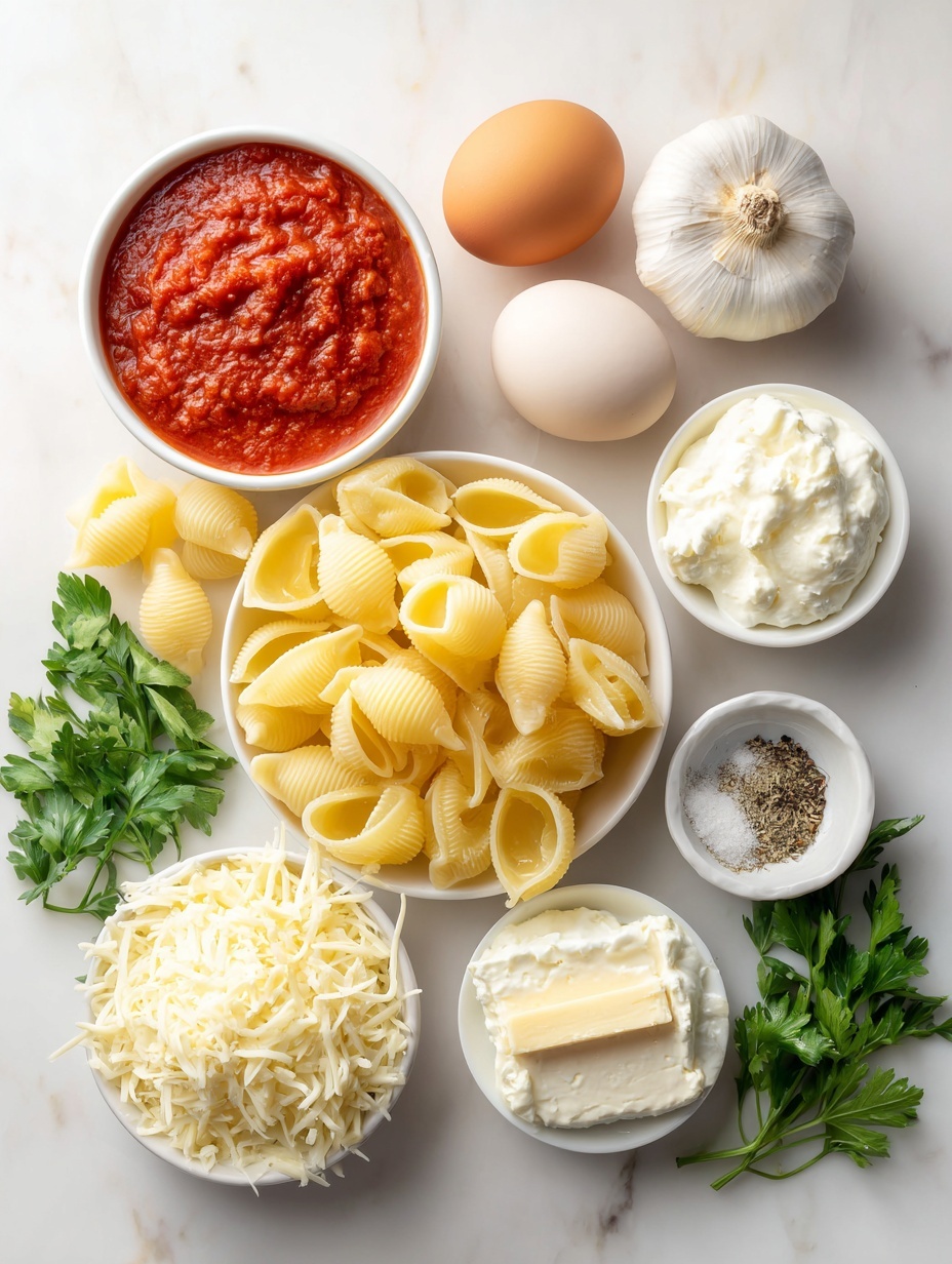 Flat lay of jumbo pasta shells arranged neatly beside a small white bowl filled with vibrant red marinara sauce, a mound of creamy white ricotta cheese, a heap of shredded mozzarella cheese, a small pile of grated parmesan cheese, a square of softened cream cheese, one large whole brown egg, a few fresh bright green parsley sprigs, a single large garlic clove, and a small white bowl containing dried oregano, sea salt, and ground black pepper, all placed on a clean white marble surface, soft natural light, photo taken with an iPhone, professional food photography style, fresh ingredients, white ceramic bowls, no bottles, no duplicates, no utensils, no packaging --ar 2:3 --v 7 --p m7354615311229779997