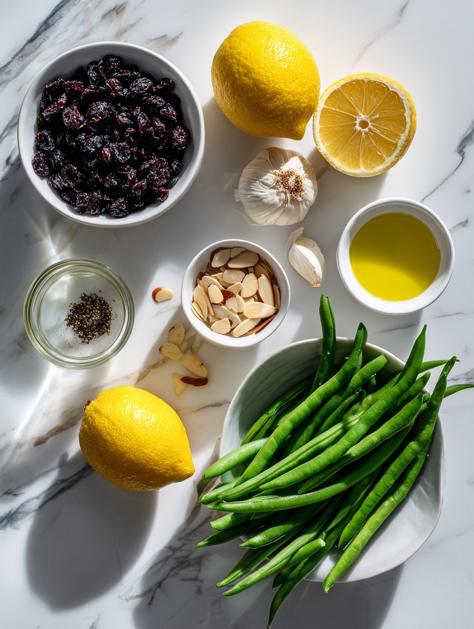 Flat lay of dried currants in a small white ceramic bowl, a small white ceramic bowl filled with golden olive oil, a fresh whole lemon cut in half with bright yellow peel strips, two whole uncracked garlic cloves, a bunch of fresh broccolini with vibrant green stalks and florets, a handful of fresh green beans with glossy pods, a small white ceramic bowl of clear water, a small white ceramic bowl with toasted sliced almonds, coarse sea salt and ground black pepper sprinkled neatly on the white marble surface, arranged symmetrically and naturally, placed on a clean white marble surface, soft natural light, photo taken with an iPhone, professional food photography style, fresh ingredients, white ceramic bowls, no bottles, no duplicates, no utensils, no packaging --ar 2:3 --v 7 --p m7354615311229779997