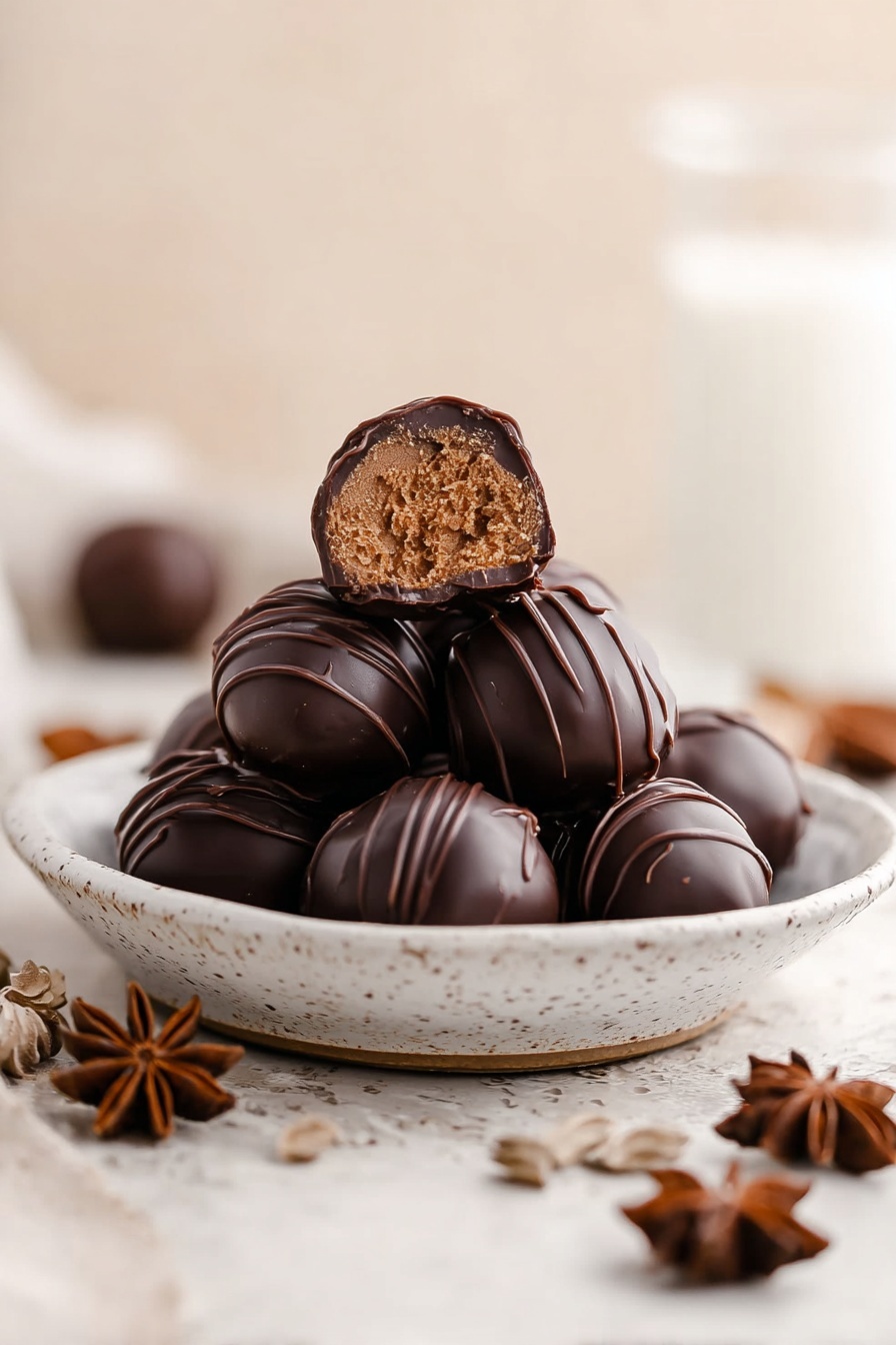 A small white speckled plate holds a pile of round dark chocolate balls with smooth, slightly shiny surfaces and light swirl patterns on top. One ball is cut open and placed on top of the pile, showing a soft, light brown, slightly crumbly inside texture. The plate sits on a white marbled surface with scattered star anise around it, and a glass of milk is blurred in the soft beige background. The lighting is warm and soft, highlighting the details of the chocolate and filling. photo taken with an iphone --ar 2:3 --v 7