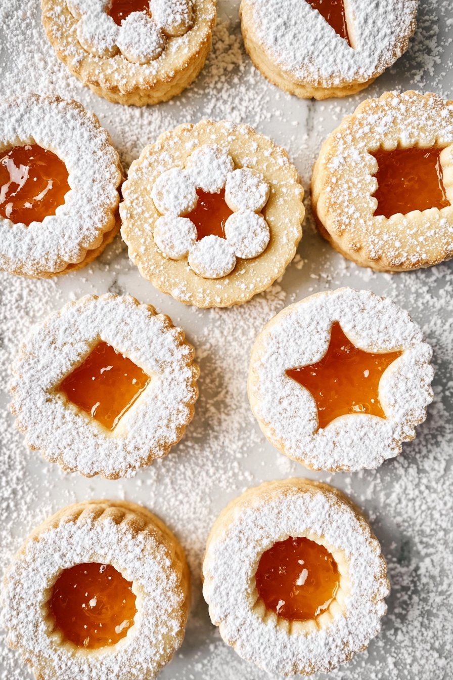 A group of small round cookies arranged on a white marbled surface dusted with powdered sugar. Each cookie has two layers: a bottom solid beige cookie and a top cookie with a cut-out shape showing orange jam inside. The top cookies are covered with powdered sugar, creating a snowy white look. The jam is smooth and glossy, visible through varying shapes like circles, flowers, triangles, and diamonds, all with scalloped cookie edges. The cookies are close together but not touching, showing their clean edges and soft textures photo taken with an iphone --ar 2:3 --v 7