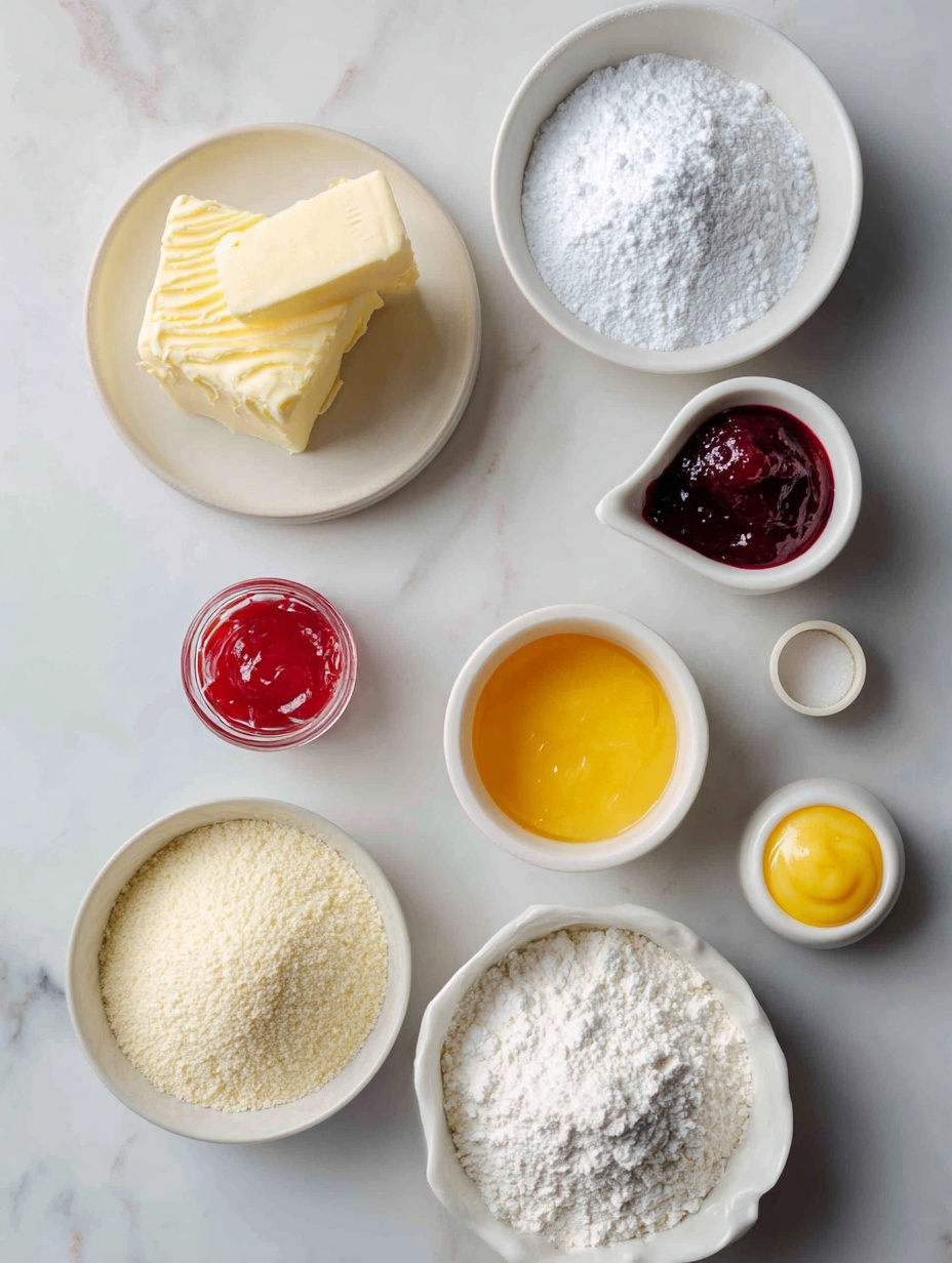 Flat lay of a large chunk of unsalted butter at room temperature, a small white ceramic bowl filled with sifted powdered sugar, a small white ceramic bowl with vanilla bean paste, a simple mound of all-purpose flour, a small heap of almond flour, a small white ceramic bowl containing kosher salt, a few small glossy jars of red jam and bright yellow curd placed carefully beside each other, all ingredients fresh and natural, arranged in perfect symmetry on a clean white marble surface, soft natural light, photo taken with an iPhone, professional food photography style, fresh ingredients, white ceramic bowls, no bottles, no duplicates, no utensils, no packaging --ar 2:3 --v 7 --p m7354615311229779997