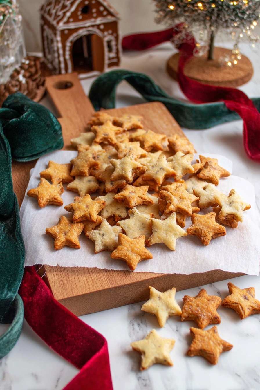 A wooden cutting board on a white marbled surface holds many small star-shaped crackers in two colors: light golden and a darker, toasted brown. The crackers are arranged in small piles and scattered loosely on a white piece of parchment paper. Two velvet ribbons—one dark green and one red—are draped around and near the crackers. In the background, there is a gingerbread house and part of a small decorated tree. The scene looks warm and festive. Photo taken with an iphone --ar 2:3 --v 7