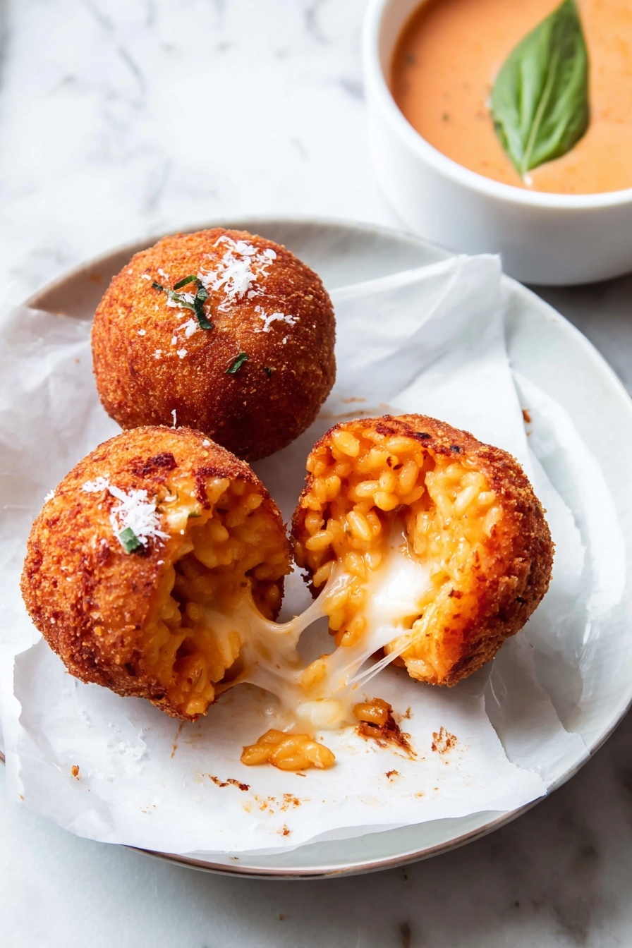 The image shows three golden-brown fried balls on a white plate lined with white paper. Two of the balls are whole, with a crispy and textured outer layer, sprinkled with a little white cheese on top. The third ball is cut open, revealing soft, orange-colored risotto inside, with melted white cheese stretching out in the middle. The plate is placed on a white marbled surface. At the top right, there is a white bowl with light orange dipping sauce garnished with a green leaf. photo taken with an iphone --ar 2:3 --v 7