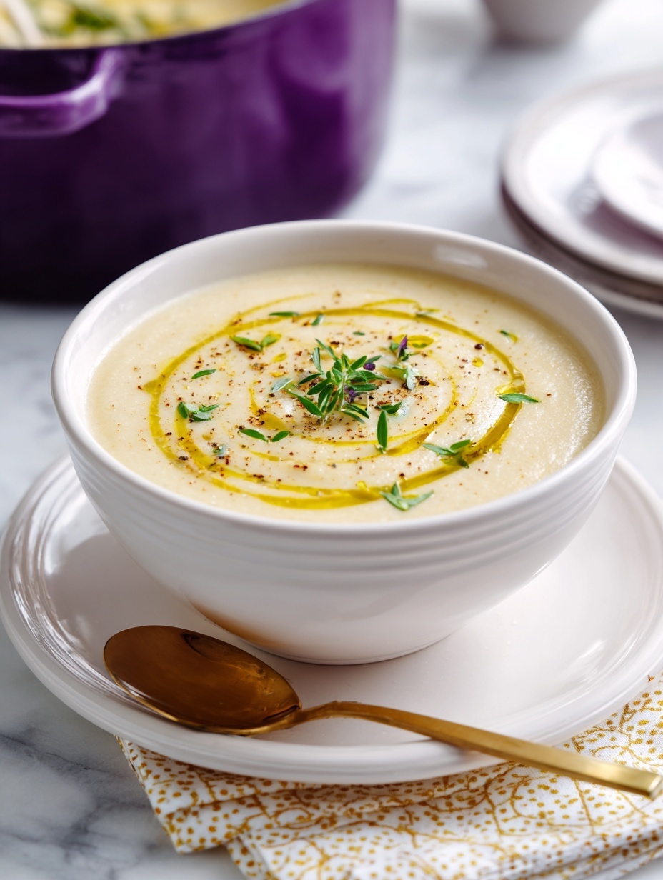 A white bowl filled with creamy light beige soup sits on a white plate, with a silver spoon resting on a white and gold patterned napkin beside it. The surface of the soup is decorated with a spiral of golden oil, small green herb leaves, and a few specks of black pepper, giving it a fresh and slightly textured look. The background is a white marbled surface, and behind the bowl, a purple pot with soup inside is partially visible. photo taken with an iphone --ar 2:3 --v 7