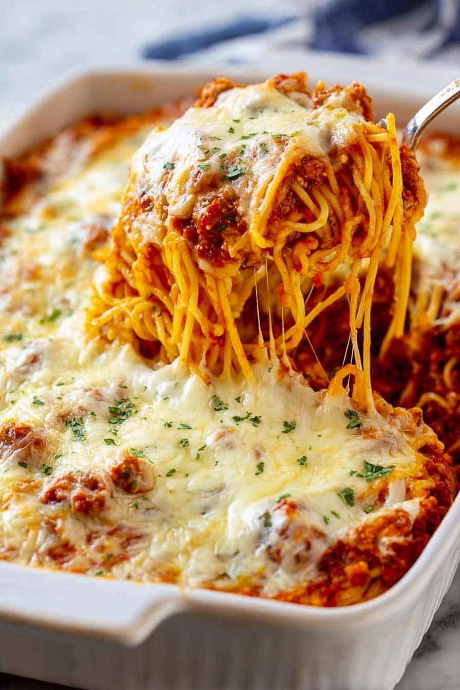 A white rectangular baking dish filled with a baked spaghetti casserole. The bottom layer is golden cooked spaghetti noodles, topped with a rich red tomato meat sauce. On top of the sauce is a thick, even layer of melted creamy white cheese, slightly browned around the edges and sprinkled lightly with green herbs. A spoon lifts a portion from the dish, showing stretchy melted cheese dripping over the red sauce and noodles. The dish sits on a white marbled surface. photo taken with an iphone --ar 2:3 --v 7