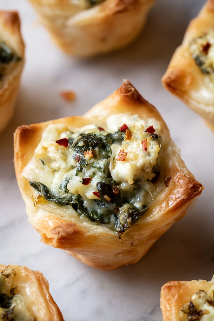 The image shows several small square pastries with a golden-brown crust, each filled with a creamy mixture of melted white cheese and cooked dark green spinach. The pastries have a puffy and flaky texture with slightly browned edges, and the filling is spread evenly inside each pastry with visible leafy spinach pieces. The pastries rest directly on a white marbled surface, with some sprinkled bits of cheese around them, and one pastry at the edge is broken to show the soft and cheesy inside. Photo taken with an iphone --ar 2:3 --v 7