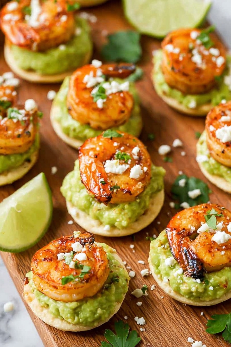 The image shows several shrimp appetizers arranged on a wooden board. Each piece has three distinct layers: the bottom layer is a small, round, light-colored base; on top of that is a thick green spread with a creamy texture, likely avocado or guacamole; the top layer is a large, cooked shrimp with a bright orange color and some grill marks. White crumbs, possibly cheese, and small green herb pieces are sprinkled on the shrimp and the board. There is also a lime wedge and fresh cilantro leaves on the board. The background is a white marbled texture photo taken with an iphone --ar 2:3 --v 7