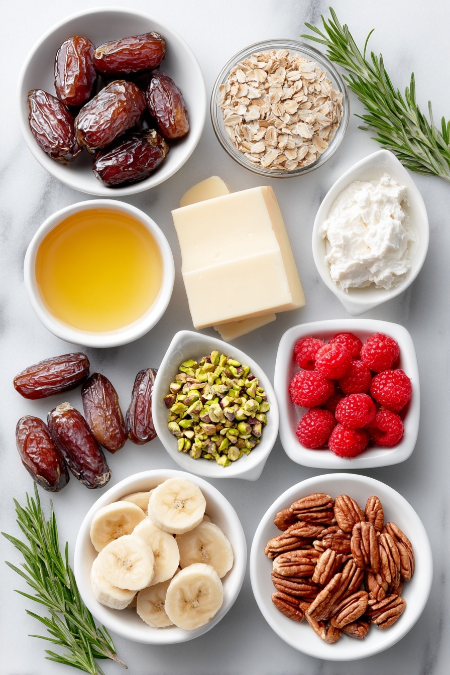 Flat lay of a small pile of soft Medjool dates with glossy brown skin, a chunk of creamy goat cheese in a simple white ceramic bowl, a small white bowl filled with chopped bright green pistachios, a small white bowl holding golden amber hot honey, a few wedges of soft pale brie cheese, a handful of shiny pecan halves, a few sprigs of fresh green rosemary, a small white bowl containing smooth white ricotta cheese, a tiny mound of finely grated lemon zest, a small white bowl with deep red oil-packed sun-dried tomato halves, several fresh vibrant green basil leaves, a small white bowl with creamy light brown peanut butter, a small white bowl of roasted salted chopped peanuts, a small white bowl with melted glossy dark chocolate chips, a small white bowl filled with creamy almond butter, a cluster of fresh bright red raspberries, and thin slices of ripe yellow banana, all arranged symmetrically with perfect balance, placed on a clean white marble surface, soft natural light, photo taken with an iPhone, professional food photography style, fresh ingredients, white ceramic bowls, no bottles, no duplicates, no utensils, no packaging --ar 2:3 --v 7 --p m7354615311229779997