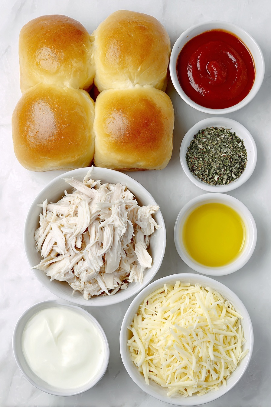 Flat lay of a stack of glossy Hawaiian sweet dinner rolls with golden-brown tops, a small white bowl of bright red hot sauce, a small white bowl of creamy ranch dressing with a pale yellow tint, a pile of shredded white chicken breast, a small white bowl with melted golden butter mixed with green flecks of Italian seasoning, a small pile of shredded mozzarella cheese with soft white strands, and a small white bowl containing fine beige garlic powder, all arranged symmetrically on a simple white ceramic plate and small bowls, placed on a clean white marble surface, soft natural light, photo taken with an iPhone, professional food photography style, fresh ingredients, white ceramic bowls, no bottles, no duplicates, no utensils, no packaging --ar 2:3 --v 7 --p m7354615311229779997