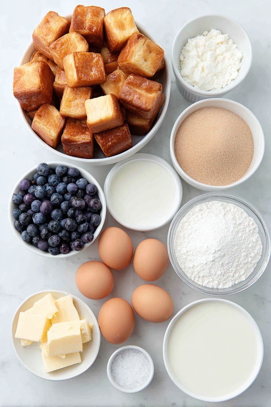 Flat lay of a small pile of golden brioche bread cubes, a handful of fresh plump blueberries, a few bright yellow strips of lemon zest, a small white ceramic bowl filled with light brown sugar, eight large whole brown eggs with clean shells, a small white ceramic bowl of whole milk, a small white ceramic bowl containing melted golden butter, a small white ceramic bowl with clear vanilla extract, and a small pinch of coarse salt crystals placed neatly on a clean white marble surface, soft natural light, photo taken with an iPhone, professional food photography style, fresh ingredients, white ceramic bowls, no bottles, no duplicates, no utensils, no packaging --ar 2:3 --v 7 --p m7354615311229779997