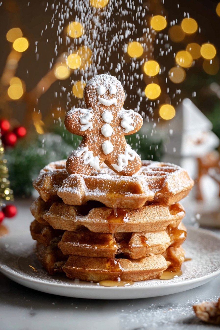A stack of four thick, golden-brown waffles sits on a white plate, each layer showing a slightly crisp texture with a syrup glaze dripping down the sides. On top of the stack stands a small gingerbread man cookie decorated with white icing eyes, mouth, and buttons. Powdered sugar is falling from above, dusting the waffles and the cookie, creating a light white powder on the surface. In the blurred background, there are warm, yellow bokeh lights and holiday decorations, with a white marbled texture underneath the plate photo taken with an iphone --ar 2:3 --v 7