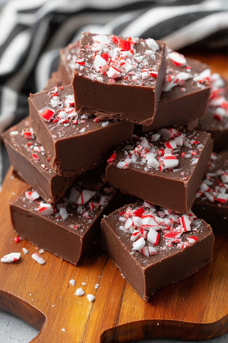 A wooden board holds many small square pieces of chocolate fudge. The front group of fudge squares has a layer sprinkled with crushed red and white peppermint candy, showing a smooth, rich chocolate base underneath. Behind them, plain chocolate fudge squares are stacked neatly. The board rests on a white marbled surface with a black and white striped cloth draped casually nearby. The fudge has a thick, dense look with clean edges, and the peppermint pieces add a crunchy texture on top. Photo taken with an iphone --ar 2:3 --v 7