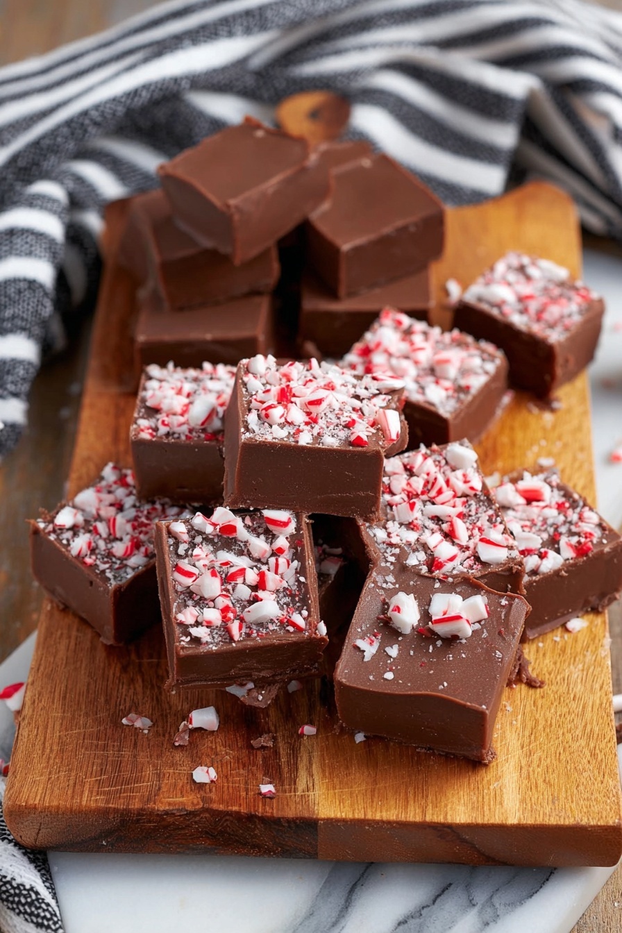The image shows a pile of thick, rectangular pieces of dark brown chocolate fudge with a smooth texture. Each piece is topped with crushed red and white peppermint candy bits, scattered unevenly across the top surface. The pieces are stacked loosely on a wooden board, with some fudge edges looking slightly rough or chipped. The background includes a blurred cloth with black and white stripes. Photo taken with an iphone --ar 2:3 --v 7