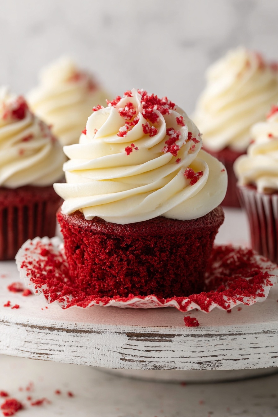 The image shows a close-up of a red cupcake with one visible cake layer that is deep red and spongy, topped with a thick swirl of creamy white frosting. The frosting curls smoothly in a spiral shape with small red crumbs scattered on top. The cupcake wrapper is peeled down around the base, showing the textured cake surface. The cupcake is placed on a white distressed wooden stand with more cupcakes blurred in the background, all against a white marbled texture. Photo taken with an iphone --ar 2:3 --v 7