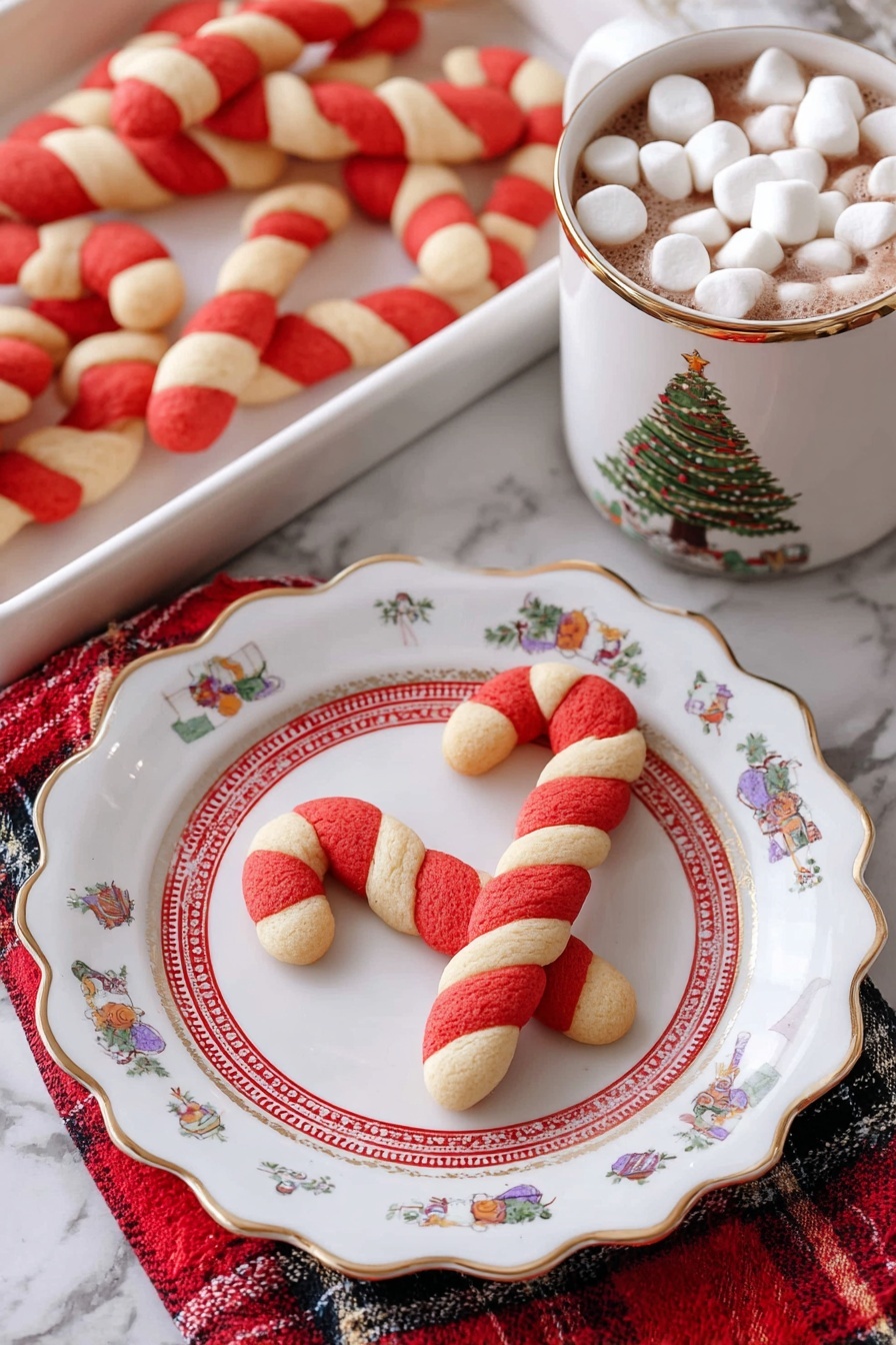 A single candy cane-shaped cookie with two twisted layers, one red and one light beige, rests on a white plate with scalloped edges decorated with small colorful Christmas-themed illustrations and a red patterned ring near the center. Behind the plate, there is a white tray lined with a cloth holding more twisted candy cane cookies with the same red and beige layers. To the right is a white mug with a Christmas tree design, filled with hot chocolate topped with many small white marshmallows. The whole scene is set on a white marbled texture surface with a red plaid cloth partially visible under the plate. Photo taken with an iphone --ar 2:3 --v 7